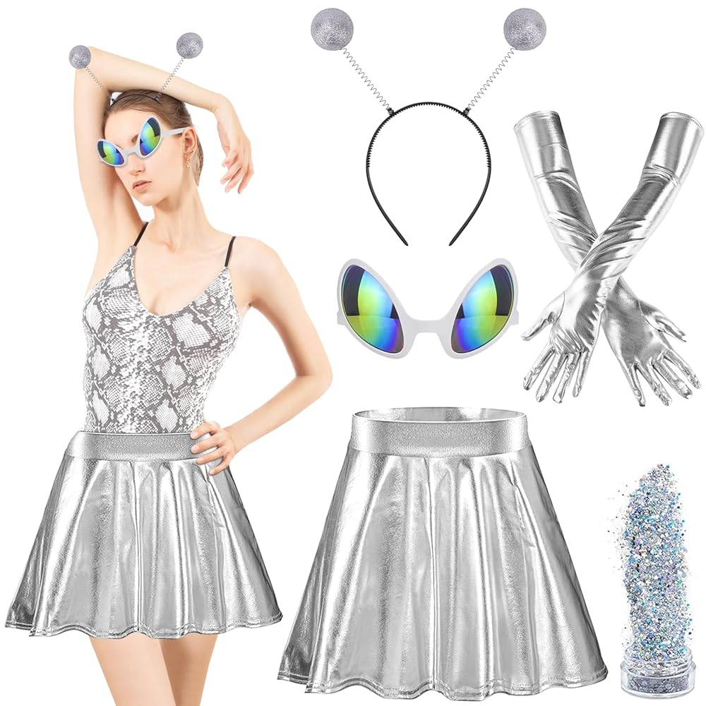 Costume Alieno Sexy Donna Con Top Crop, Gonna Mini E Fascia - Set 3 Pezzi Metallizzato Per Feste E Cosplay