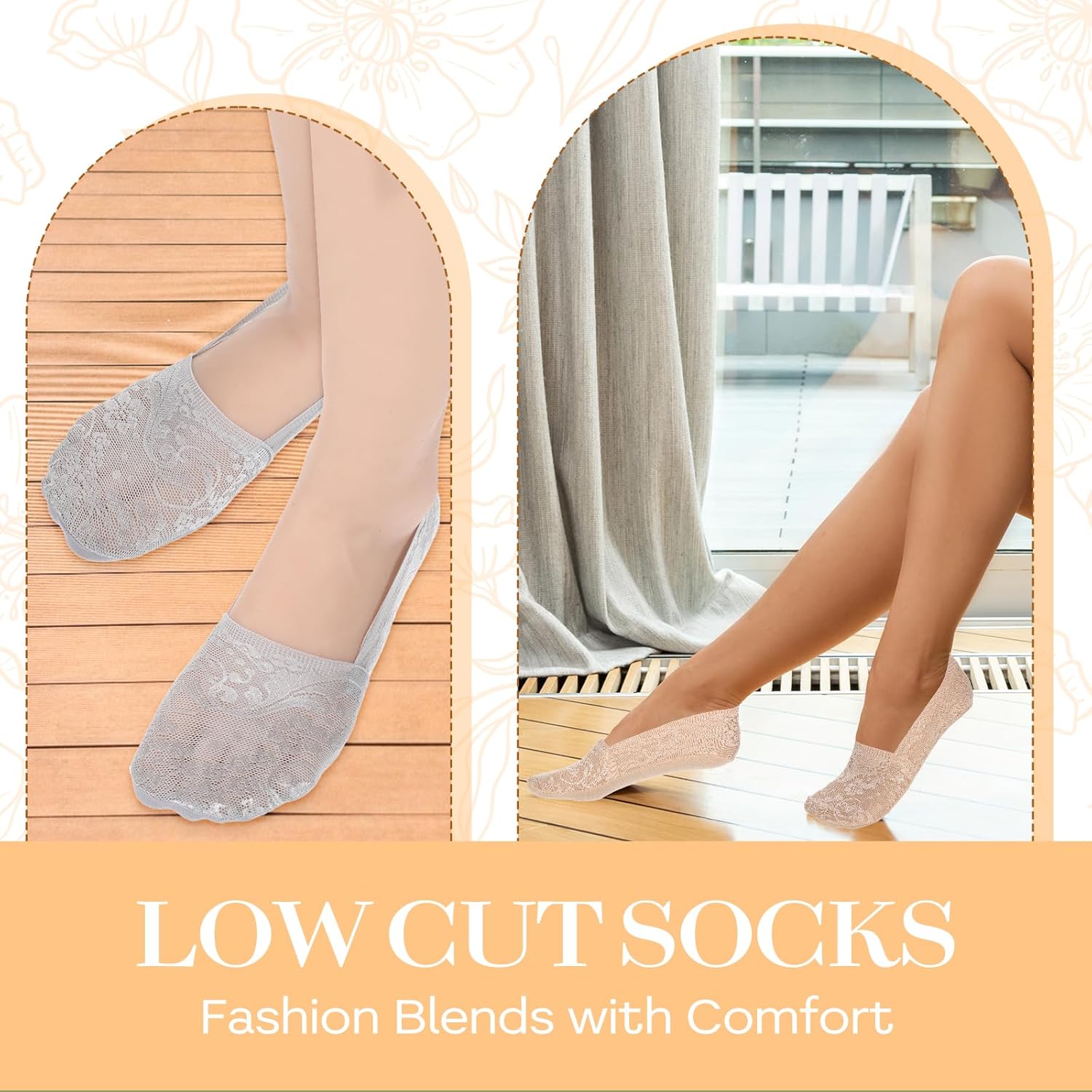 6 Pairs Women No Show Lace Boat Socks, Cotton Invisible Non-slip Ankle Sock Multicolor Ultra Low Cut Liner - Image 7