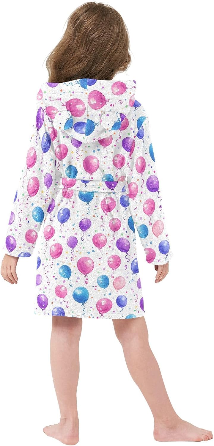Balloon Pattern Toddler Hooded Bathrobe for Boys Girls Soft Plush Bath Towel Robe 2-12 Years