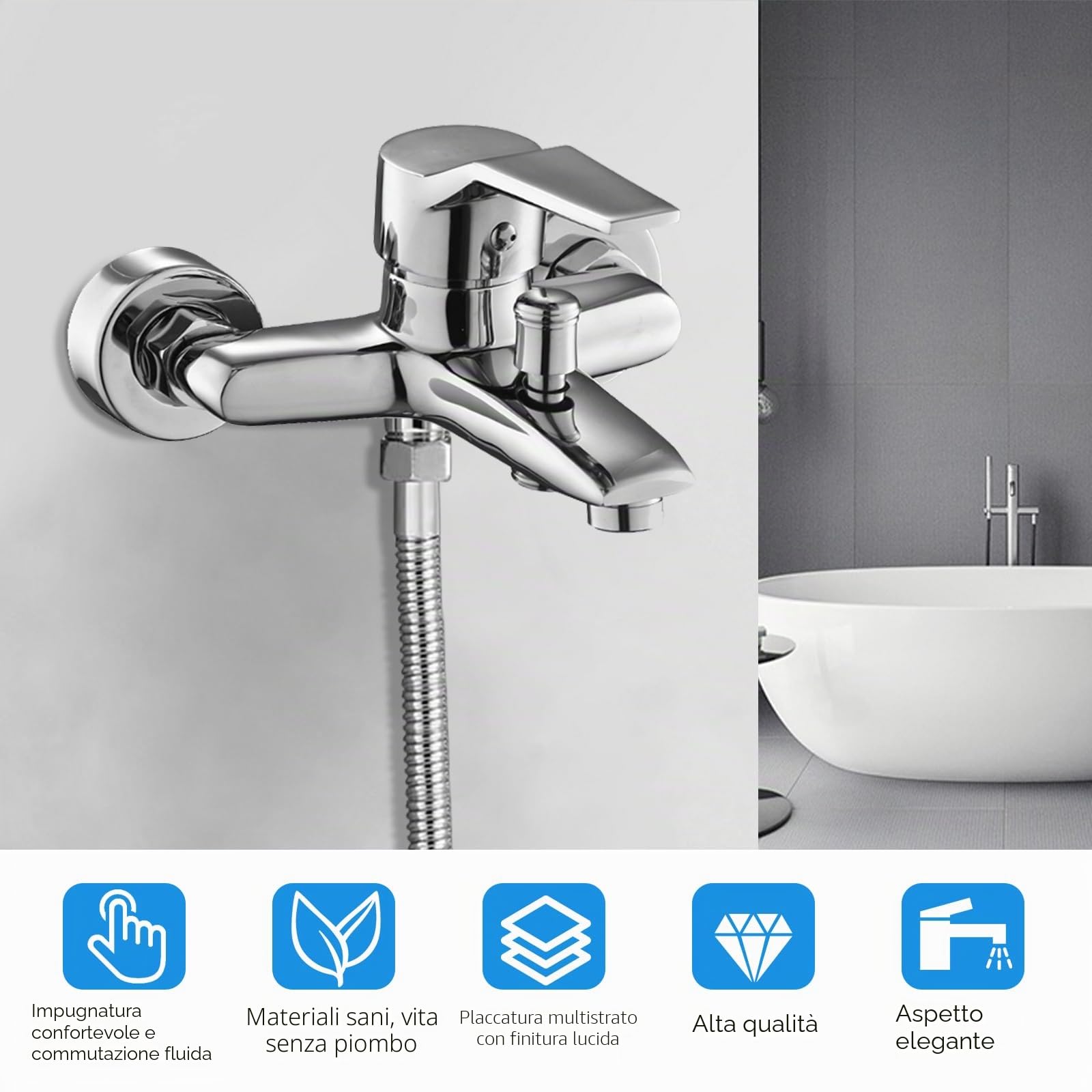 Bocguy Miscelatore per vasca da bagno, rubinetto vasca da bagno, rubinetto doccia monocomando, uscita doccia per vasca e doccia, cartuccia in ceramica cromata