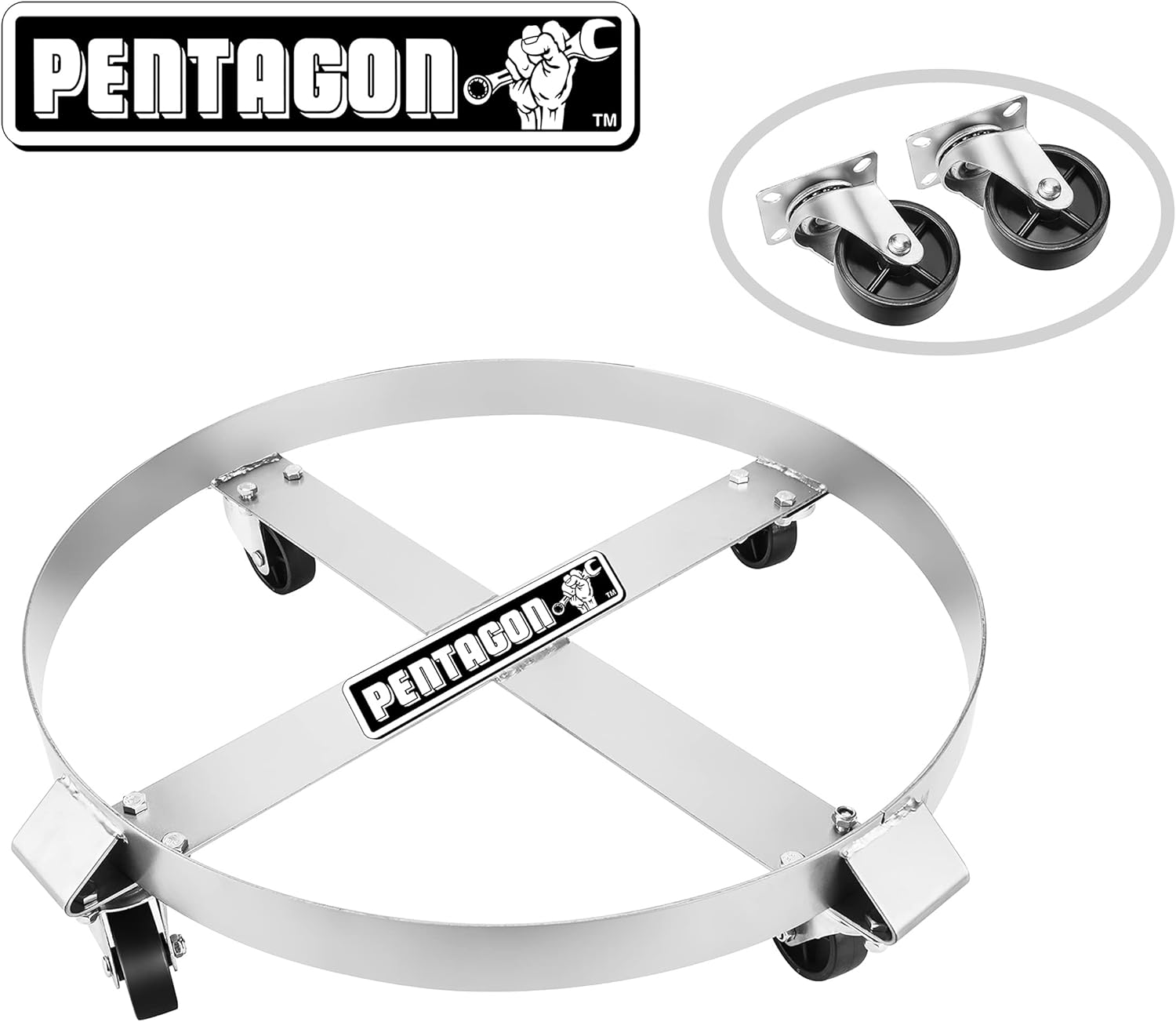 55-Gallon Drum Dolly - Heavy-Duty Steel Dolly with Cross Braces and 4 Caster Wheels – 1,000-Pound Capacity by Pentagon Tools