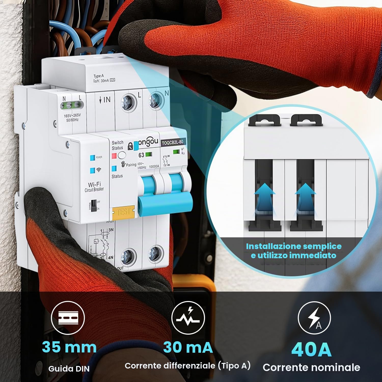 TONGOU Interruttore di protezione WiFi RCBO 2P 63A 30mA Fi, interruttore di protezione per cavi tipo A per casa e prese, Icu10kA, montato DIN, telecomando intelligente