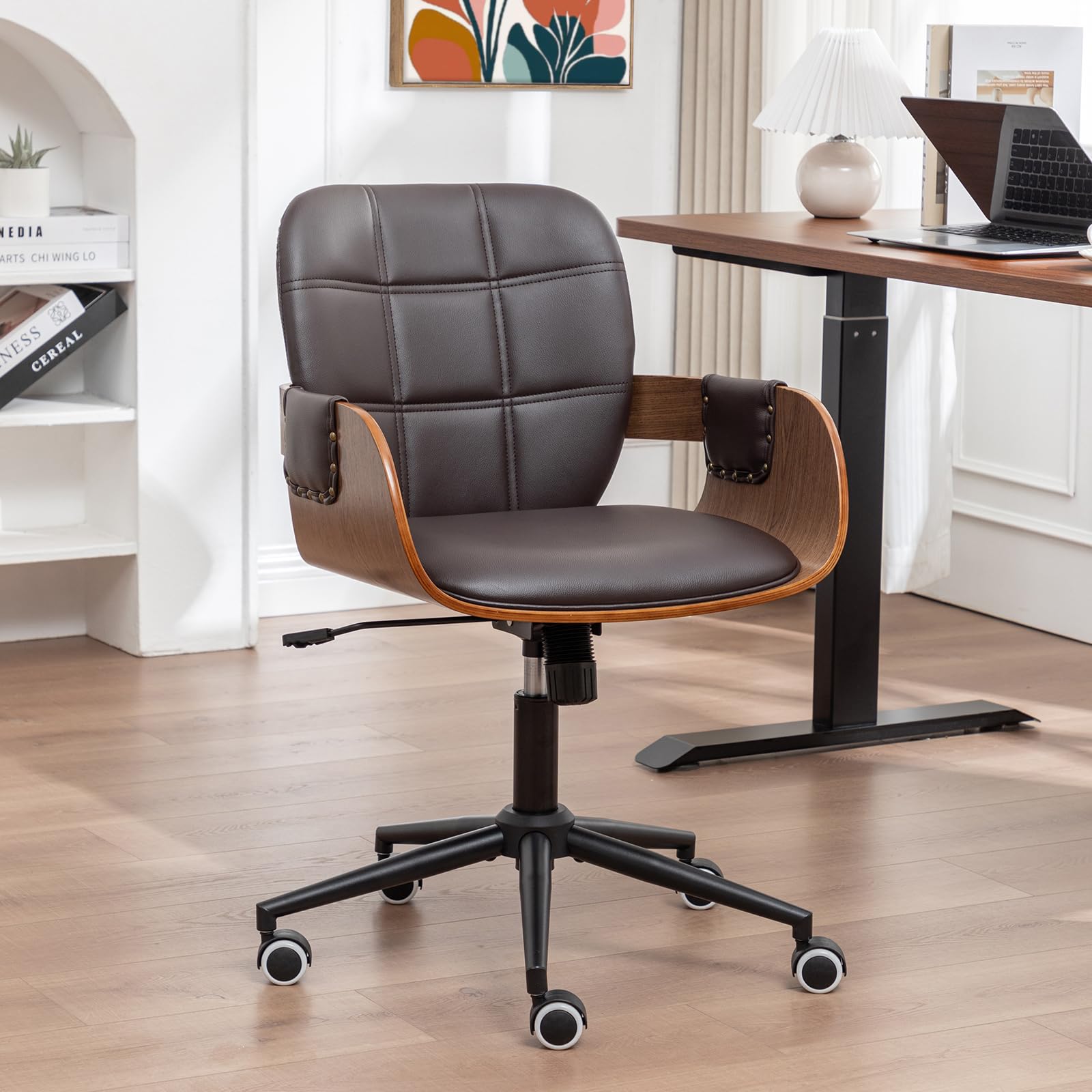Home Office Desk Chair with Caster Wheels Walnut Craftsmanship Ergonomic Curved Back and Arms Faux Leather Height Adjustable