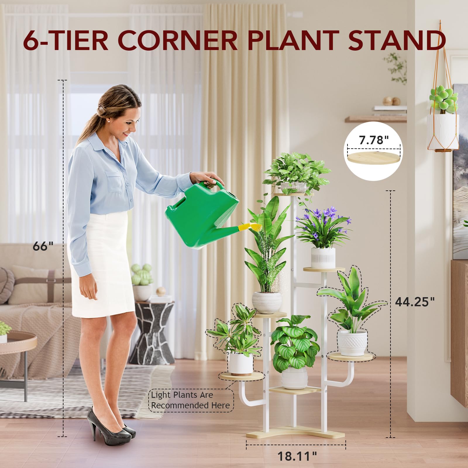 Homsorout Soporte esquinero para plantas con luz de crecimiento, soporte para plantas de 6 niveles, estante redondo de metal con luz ajustable, organizador de plantas para sala de estar, jardín
