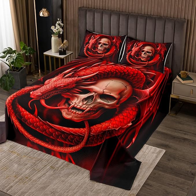 Erosebridal Sugar Skull Bedding Set Skull Skeleton Queen Quilt Set,Dragon Animal Coverlet Set Black Red Bedspread Quilt Gothic Style Quilt Bedding Set Halloween Bedroom Decor for Kids Boys,Cozy