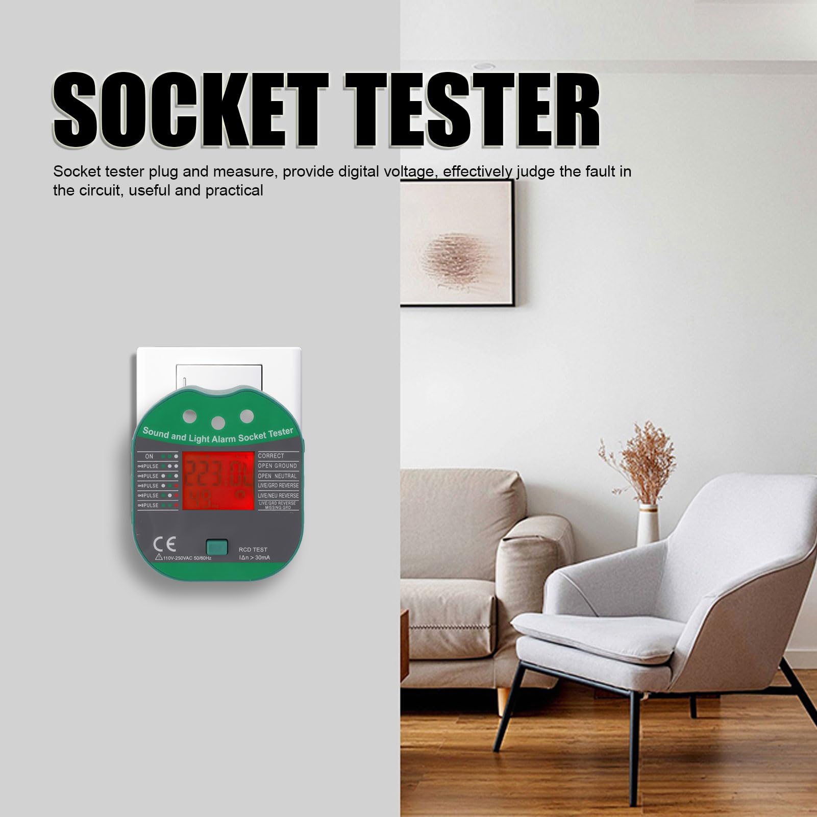 Socket Tester plug and measure for Circuit Breakers Voltage Checker Detector with Sound Light Alarm HD Screen (UK Plug) - Image 3