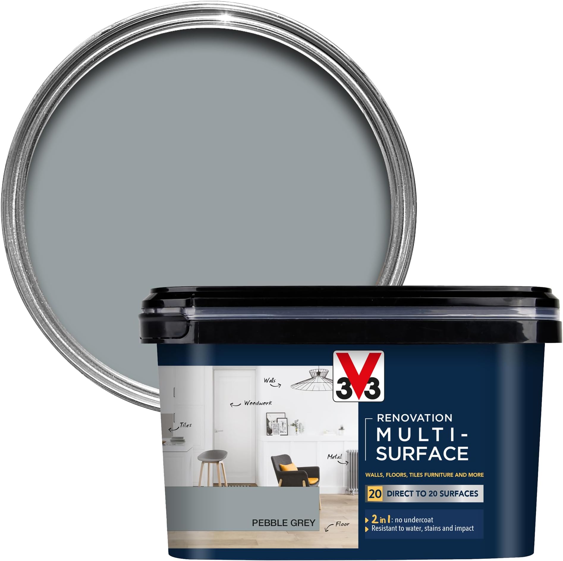 Renovation Multi-Surface Paint - No Undercoat Needed - Over 20 Surfaces - Resistance To Water Stains & Impact - High Coverage - Pebble Grey Satin 2 Litres
