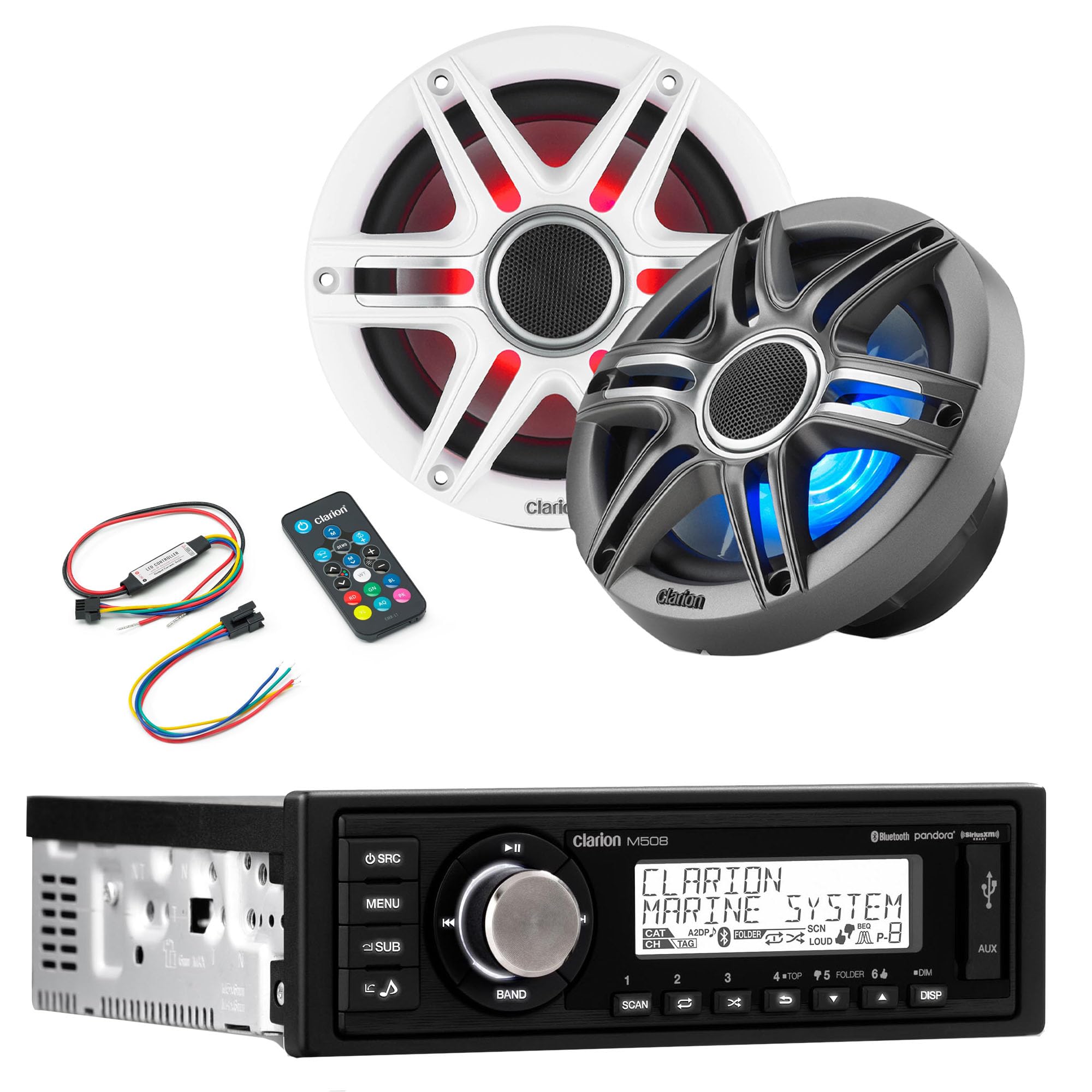 Clarion M508 Marine Single Din with CMSP-651RGB-SWG 6.5-inch Premium Marine Coaxial Speakers, Sport Grilles RGB LED & Lighting Remote