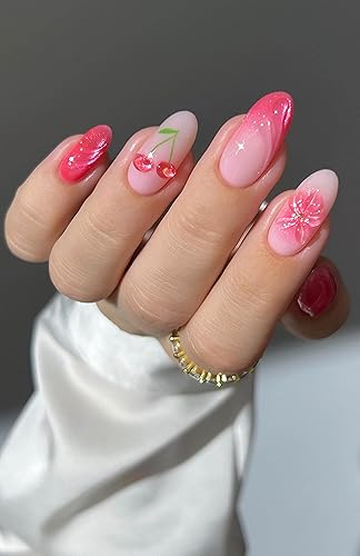 Medium Oval Press on Nails Pink and Red False Nail