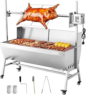 VEVOR Barbecue à Charbon avec Tournebroche Électrique 38 W, Rôtissoire à Charbon de Bois Charge 60 kg, avec Roues et 4 Niveaux de Hauteur, Broche en Acier Inoxydable, pour Agneau Porcelet, Extérieur