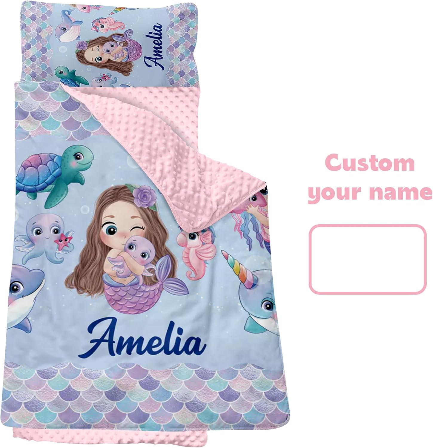 Personalized Toddler Nap Mats for Daycare - Custom Name Mermaid Kids Nap Mat for Preschool Kindergarten Girls Sleeping Bag with Pillow and Blanket, Thick Padded Easy Roll Up