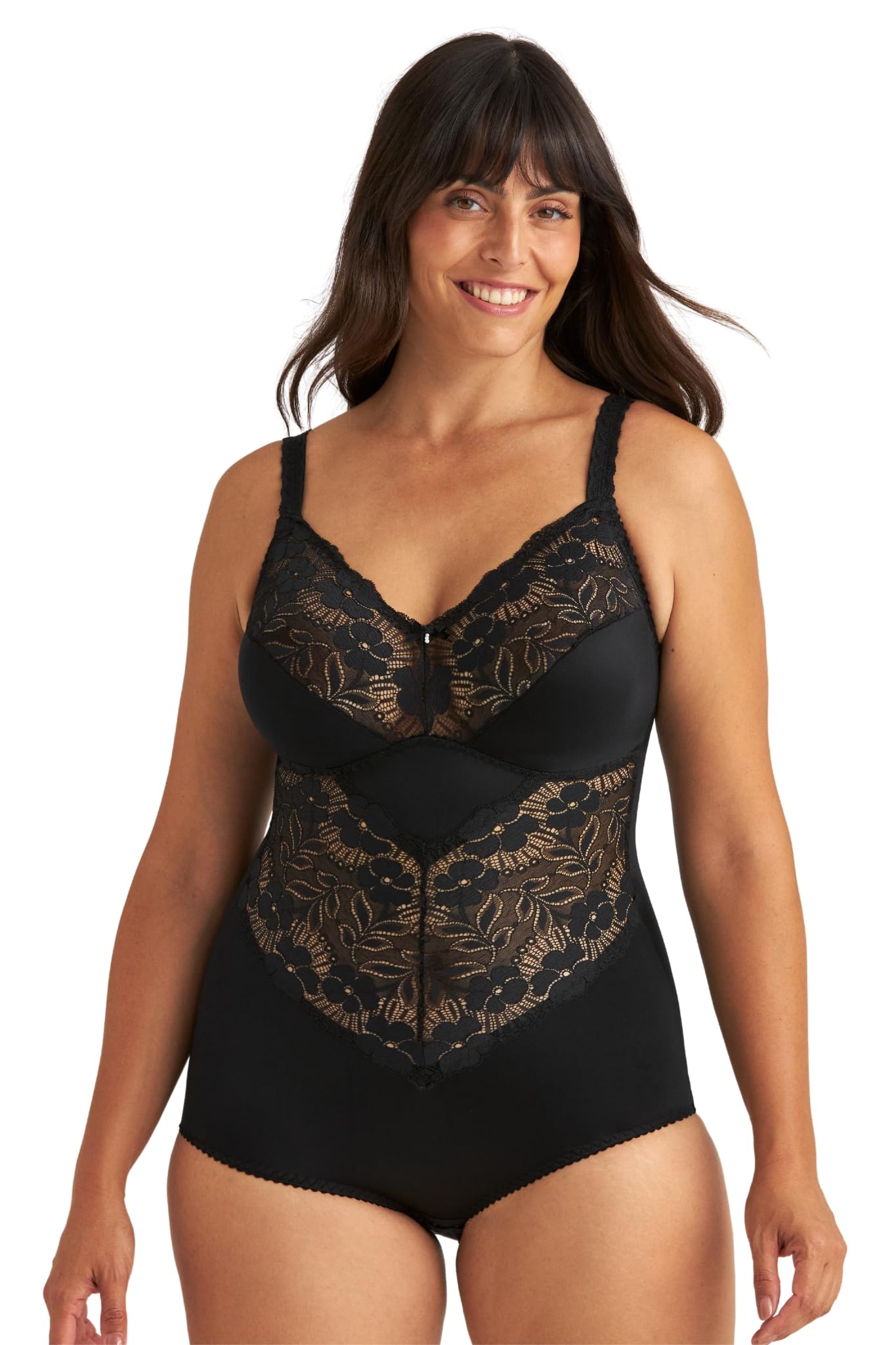 Miss Mary Of Sweden Women's Black Fantastic Flair Non-Wired Lace Body – Soft Support Bodysuit, Unpadded Cups, Stretch Lace, Flattering Fit 38Dd