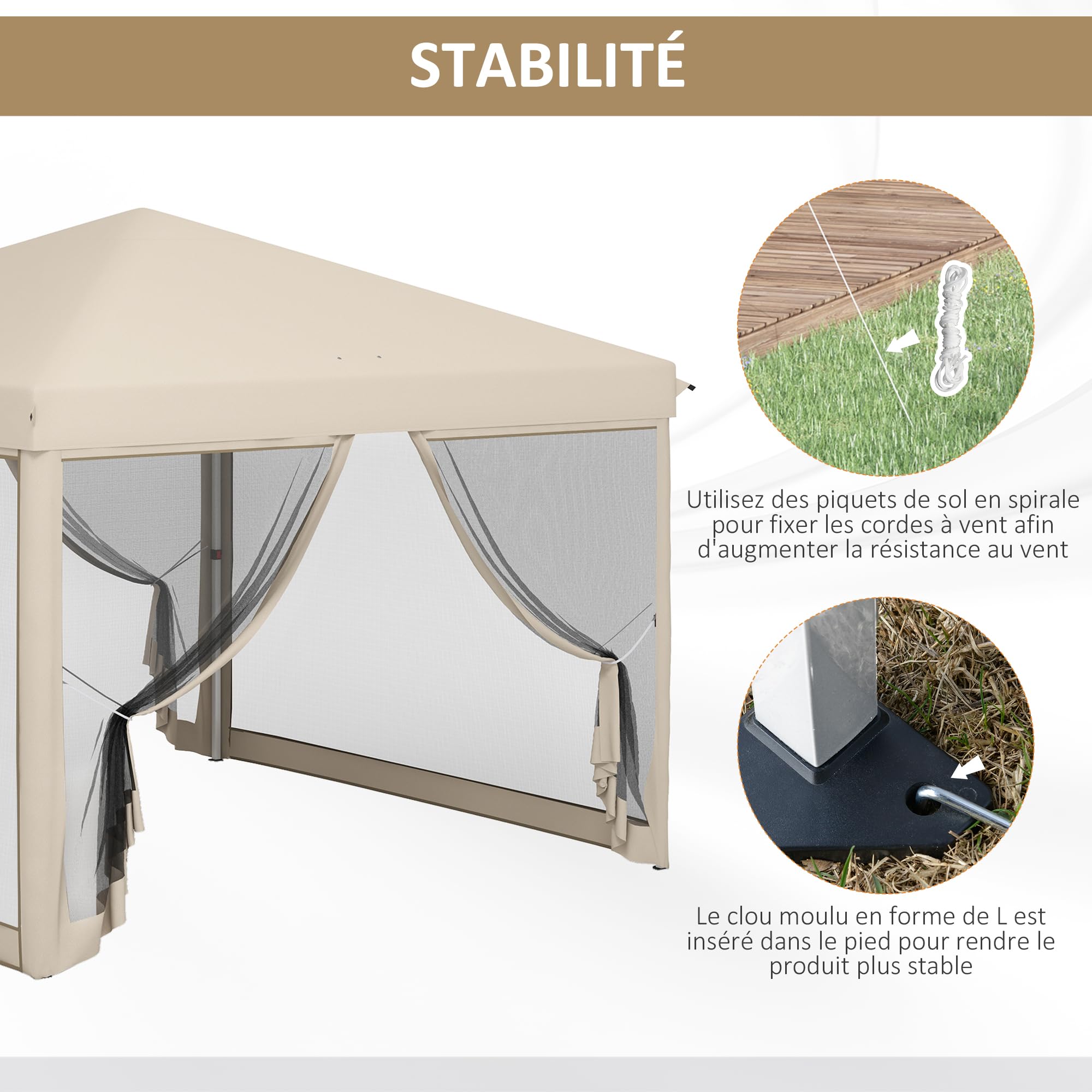 Outsunny Tonnelle Barnum Pliant Pop-up imperméabilisé Style Colonial 3L x 3l x 2,65H m 4 moustiquaires + Sac de Transport Beige Noir