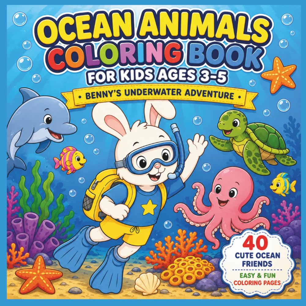 Ocean Animals Coloring Book for Kids Ages 3–5: Benny's Underwater Adventure 40 Cute Ocean Friends Easy & Fun Coloring Pages