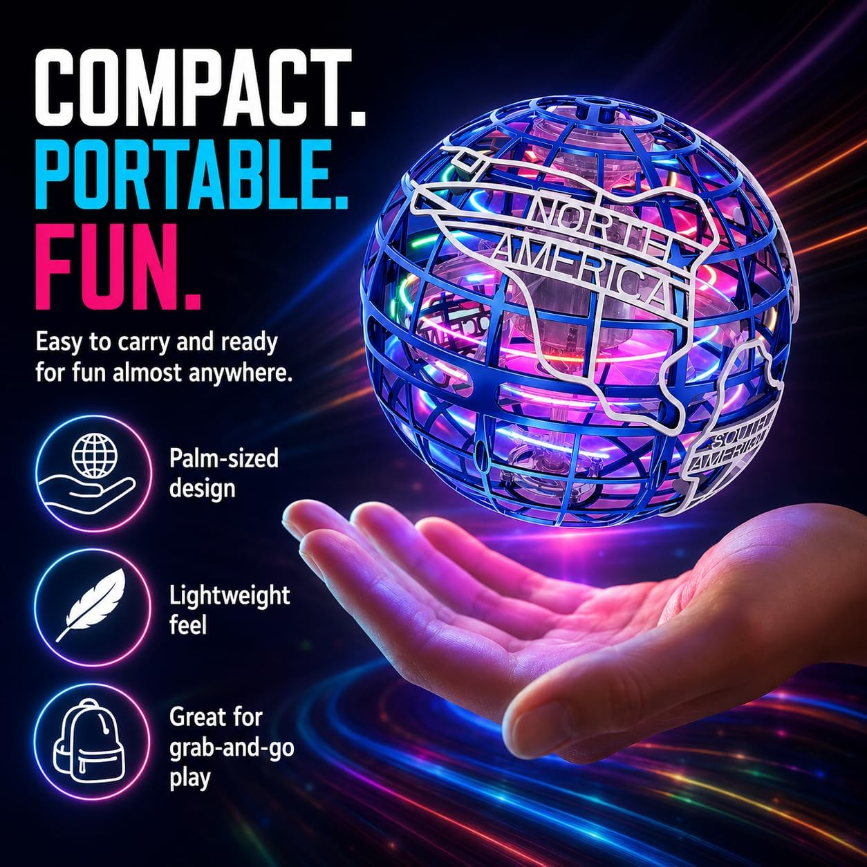 Globe Pro Flying Orb Ball – Hand Controlled Boomerang Hover Ball with LED Lights, USB Rechargeable Mini Drone Spinner Toy, Indoor Outdoor Play, Gift for Kids 6+ Boys Girls & Adults