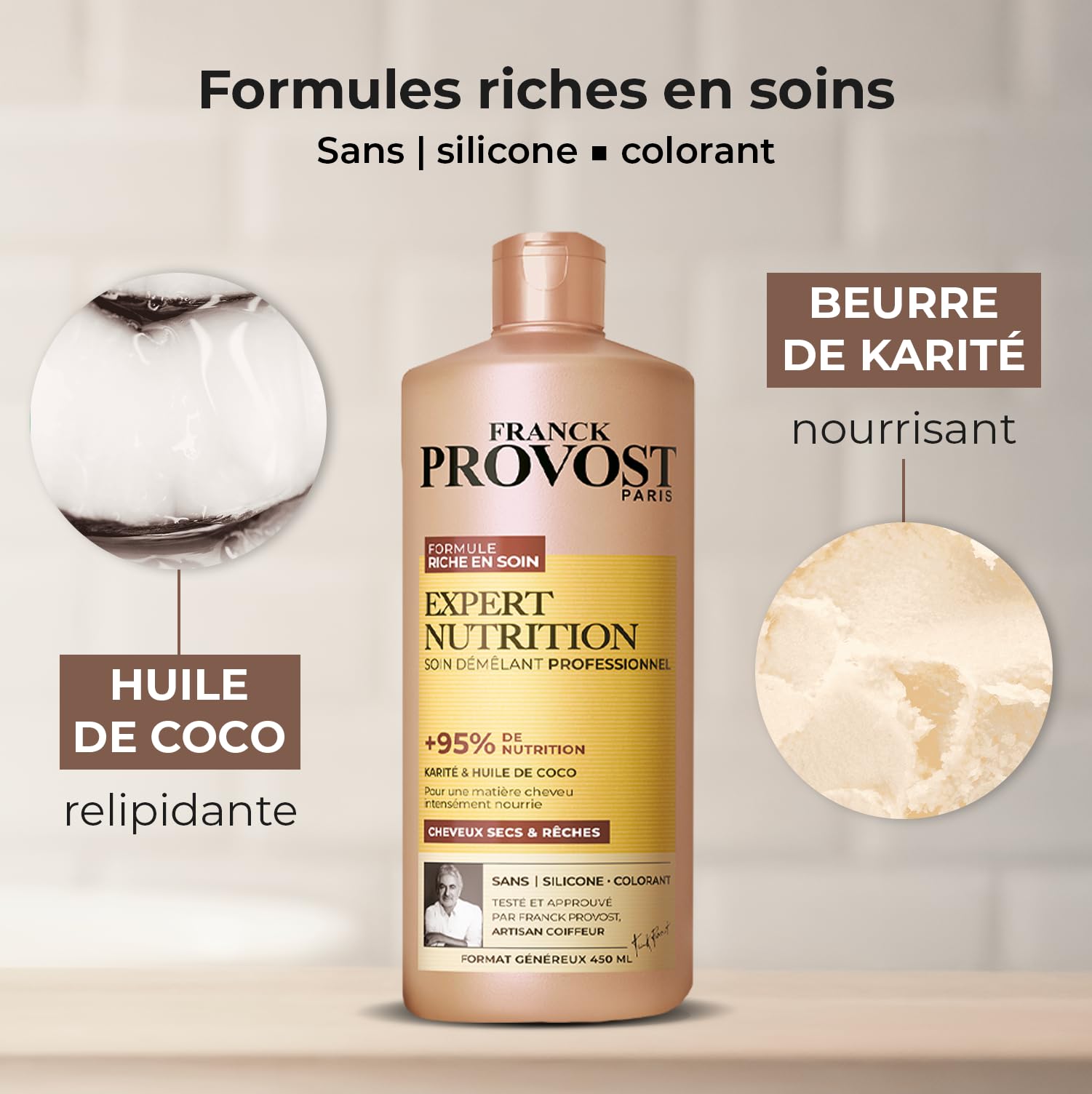 FRANCK PROVOST Expert Nutrition - Soin Démêlant Professionnel - Formule Riche En Soin - Karité & Huile De Coco - Sans Silicone & Sans Colorant - Cheveux Secs & Rêches - Format Généreux 450 ml