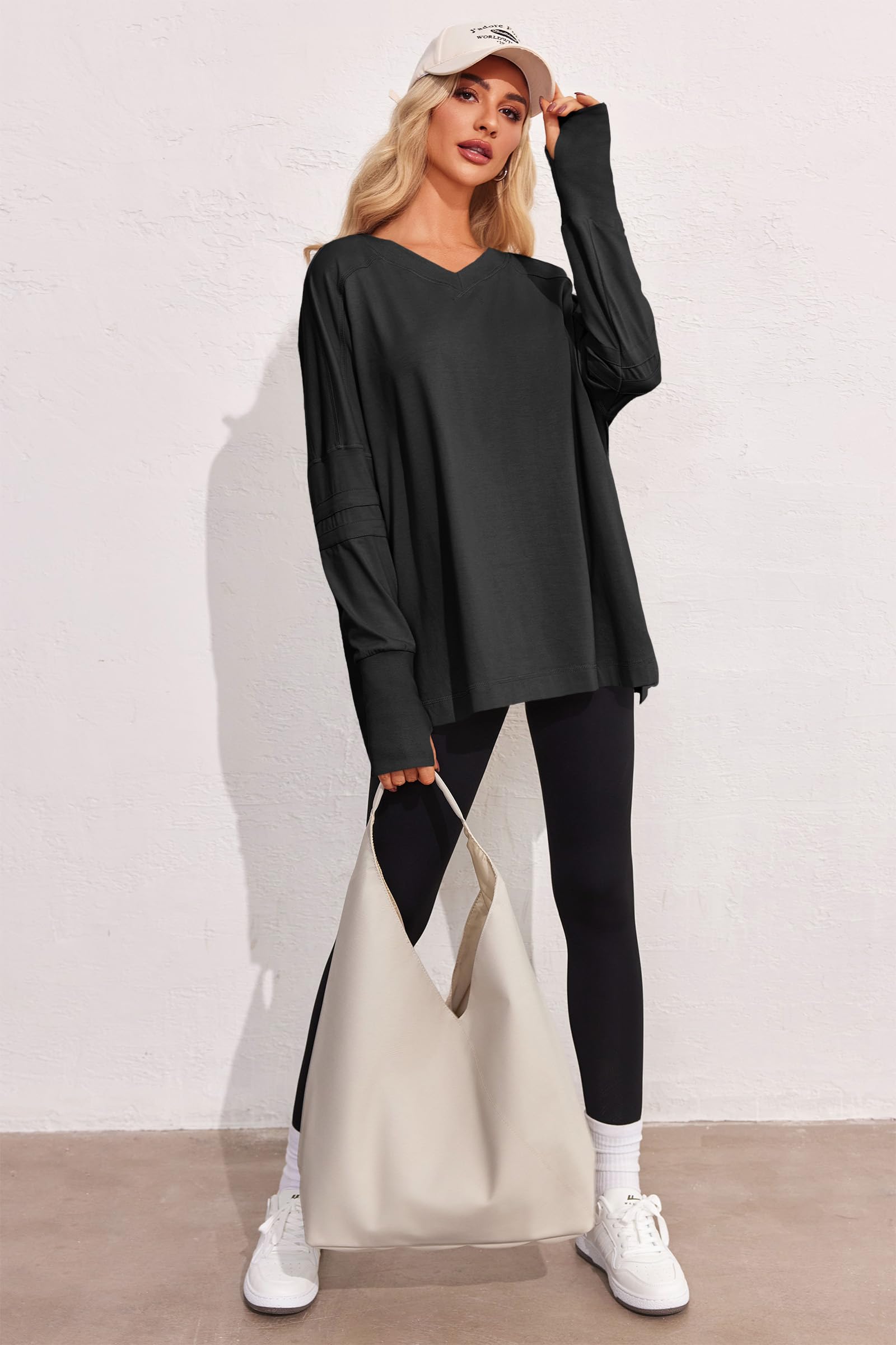Tankaneo Top da donna a maniche lunghe da allenamento, oversize, con scollo a V, con spacco laterale, tuniche da palestra con fori per i pollici