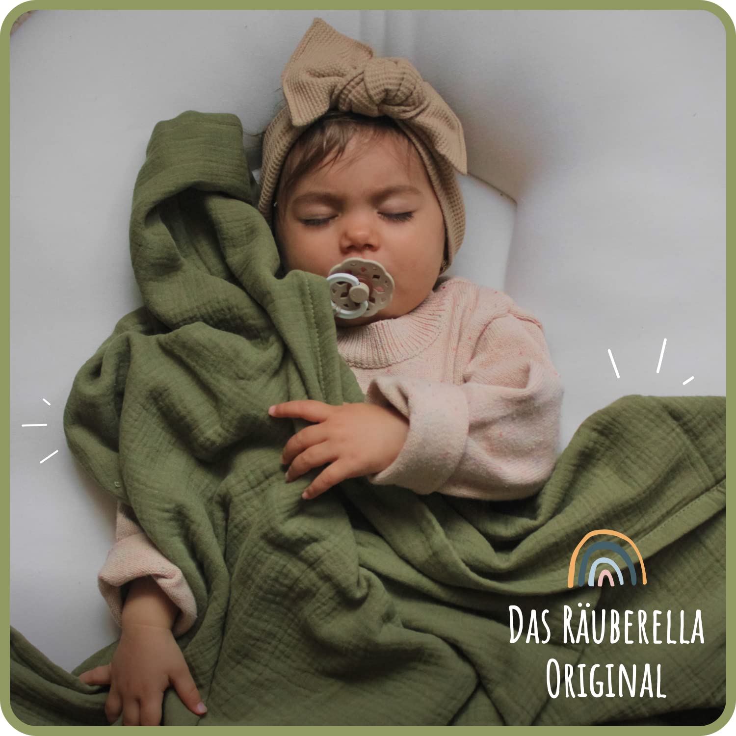 Räuberella ® Coperta originale 120 cm x 120 cm, in 100% mussola cotone biologico, regalo per la nascita per neonati (oliva)