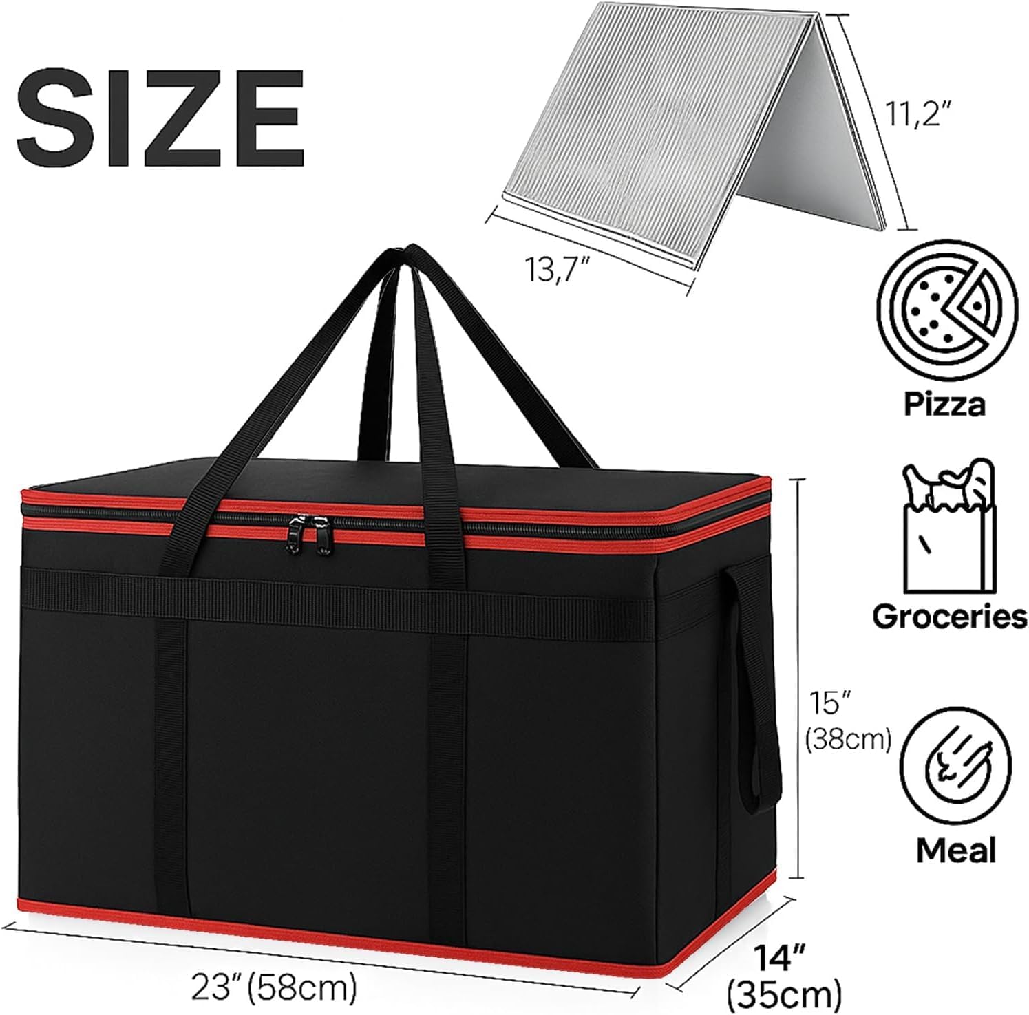 Bodaon XXXL Insulated Food Delivery Bag with Hard Bottom & 6-Cup Drink Carrier, Professional Pizza Delivery Bag for Commercial Catering, Thermal Frozen Grocery Bags, Heavy-Duty Hot Cold Carrier