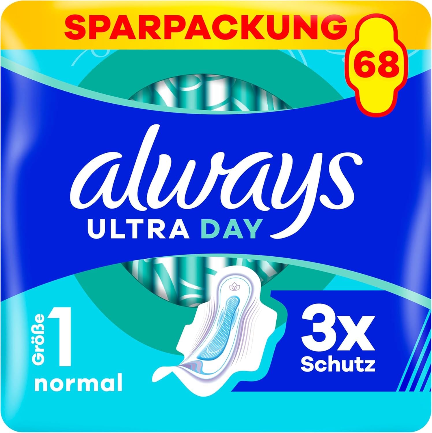Always Ultra Day podpaski higieniczne normalne (rozmiar 1) ze skrzydłami, 68 sztuk, super chłonne i ultra cienkie, na okres