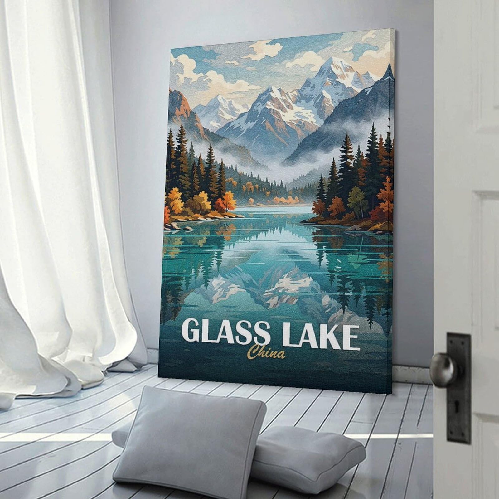 Junmoney Wall Picture Print Glass Lake China Landscape, 24x36inch(60x90cm), for Wall Displays, Bedrooms Or Room Updates, Wall Decor Suited to Curated Displays