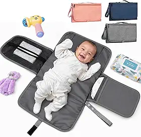 Trocador de Fraldas Portátil Premium Trocador Portátil para Meninas e Meninos Recém-nascidos de Bebê com bolso – Porta Fraldas Kit de Troca de Viagem à Prova d'água Textil (Cinza)