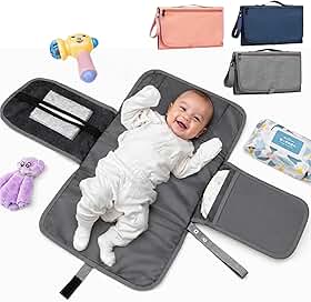 Trocador de Fraldas Portátil Premium Trocador Portátil para Meninas e Meninos Recém-nascidos de Bebê com bolso – Porta Fraldas Kit de Troca de Viagem à Prova d'água Textil (Cinza)