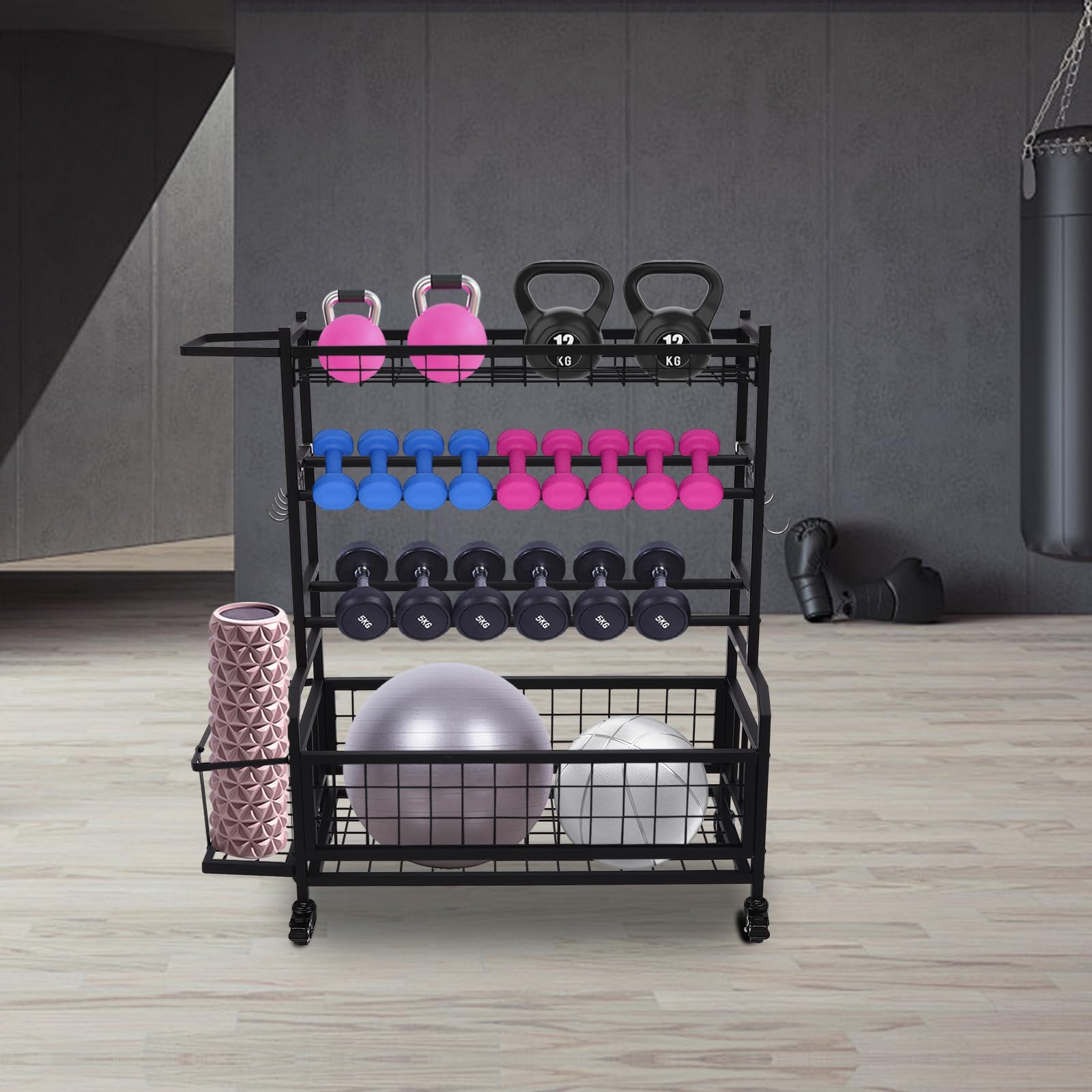 Soporte de pesas para gimnasio en casa, mancuernas, soporte para mancuernas con ruedas, para gimnasios, estudios de yoga, color negro, 102,5 x 40 x 105,6 cm