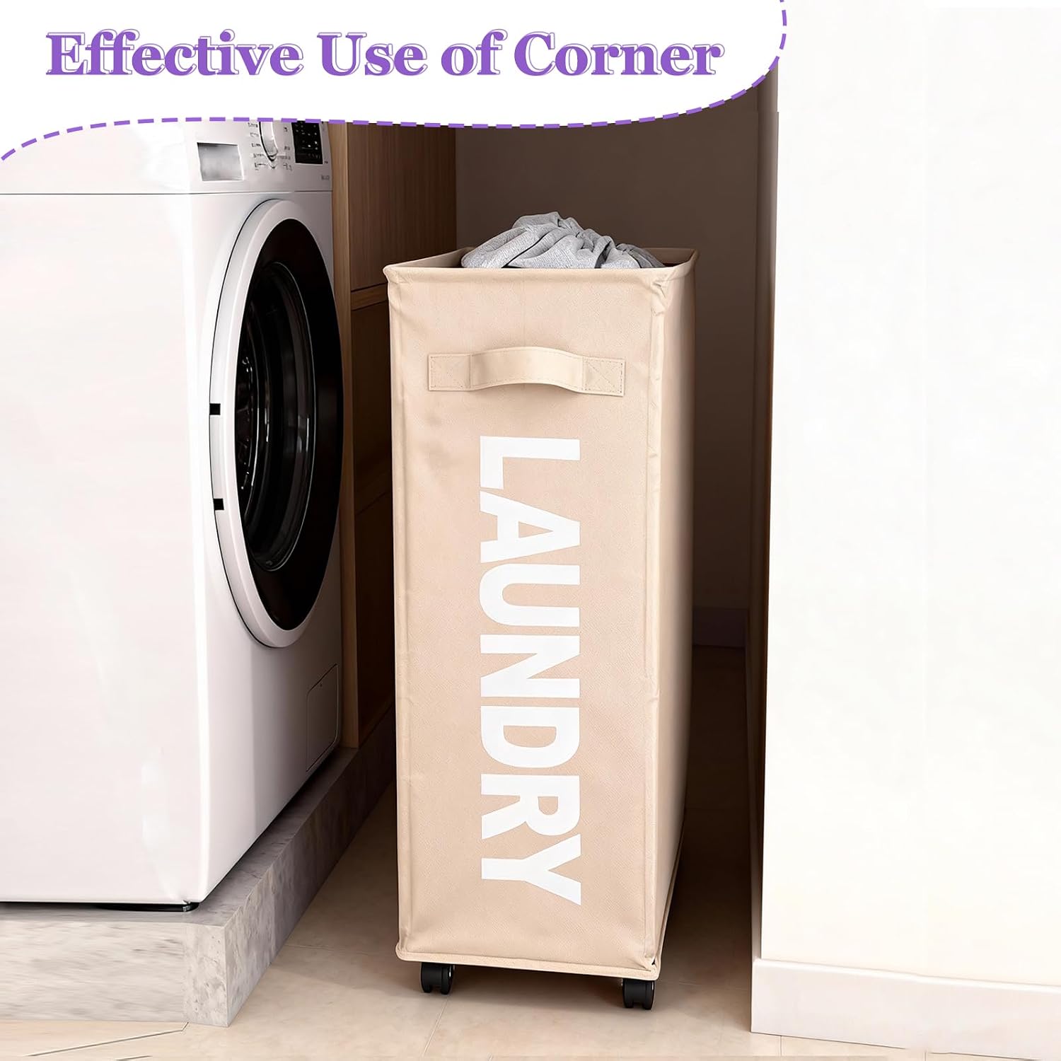 Slim Rolling Laundry Hamper with Wheels, 42L Collapsible Narrow Laundry Basket with Drawstring Mesh Cover, Foldable Dirty Clothes Organizer for Bathroom, Dorm, Small Spaces, Khaki