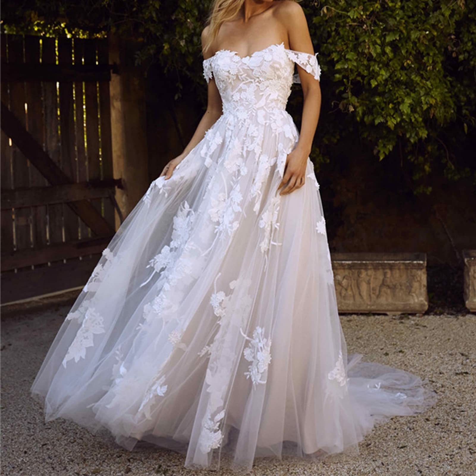 off shoulder a line wedding dress A-Line Lace Bohemian Vintage Beach with Train, WZEFEIO, Ivory, 46 Fashion rs 8-26-26 Beden:40 How to Dress for