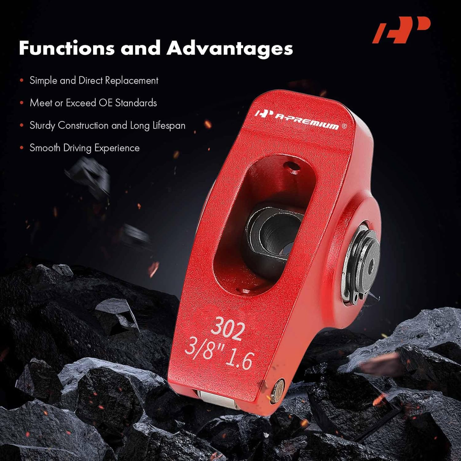 A-Premium 16Pcs Red Aluminum Engine Roller Rocker Arms with Needle Bearings Compatible with Ford SBF 302, 1.6 Ratio, 3/8" Studs