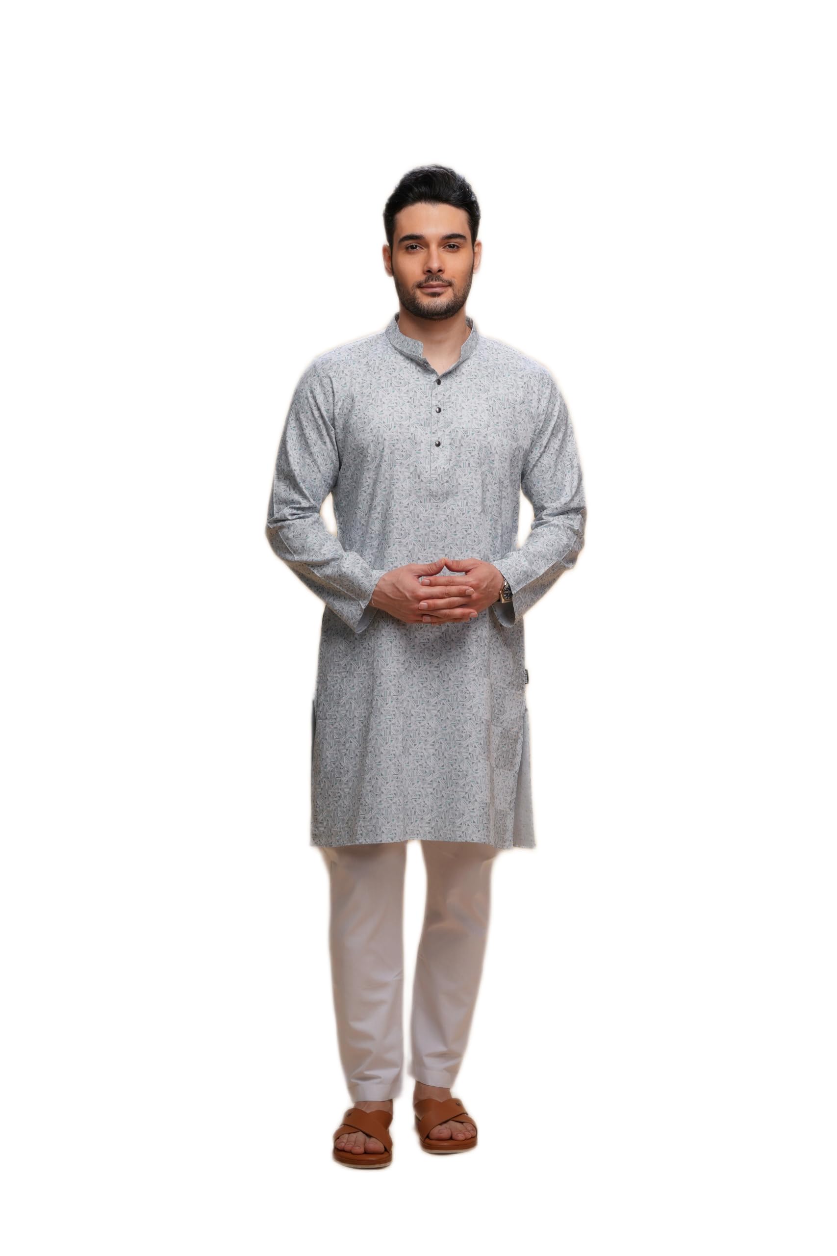 Men Kurta Pajama Set Light Blue S Cotton Printed with Pajama-image-24