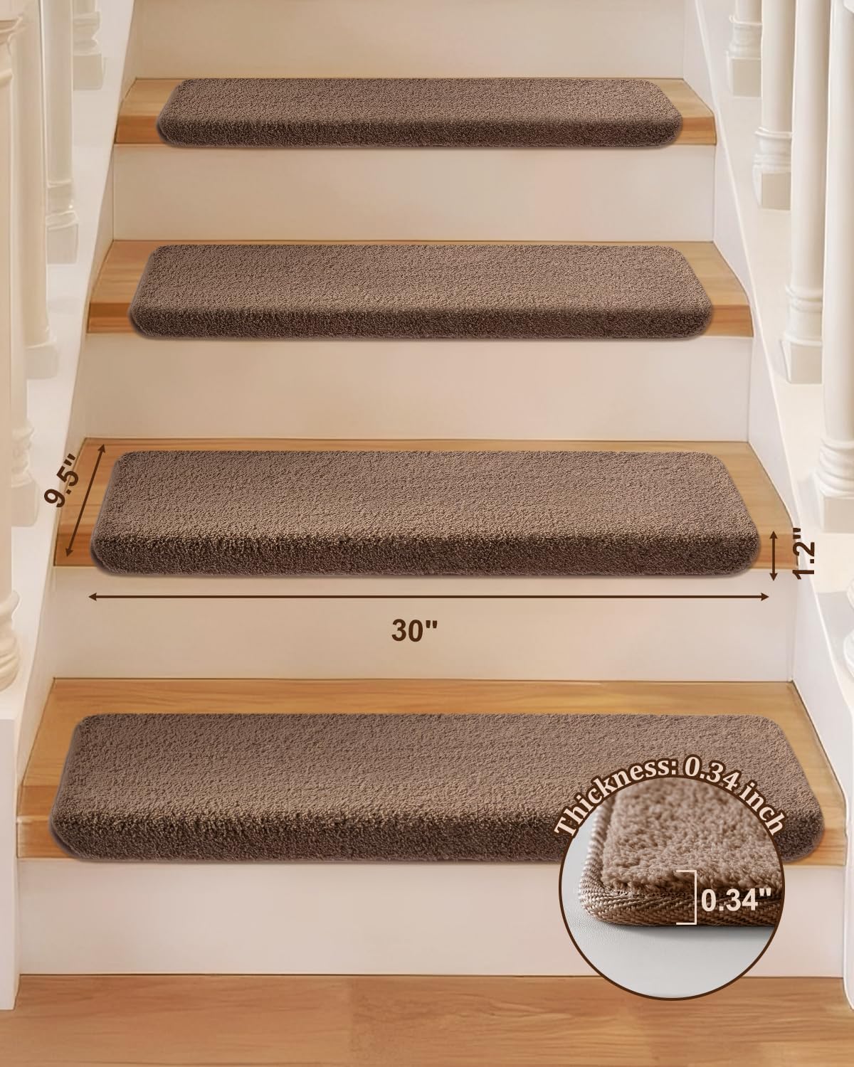 bullnose stair treads for wooden steps: non slip peel and stick carpet stair protectors indoor stair mat runner 9.5'' x 30'' 14 pcs brown