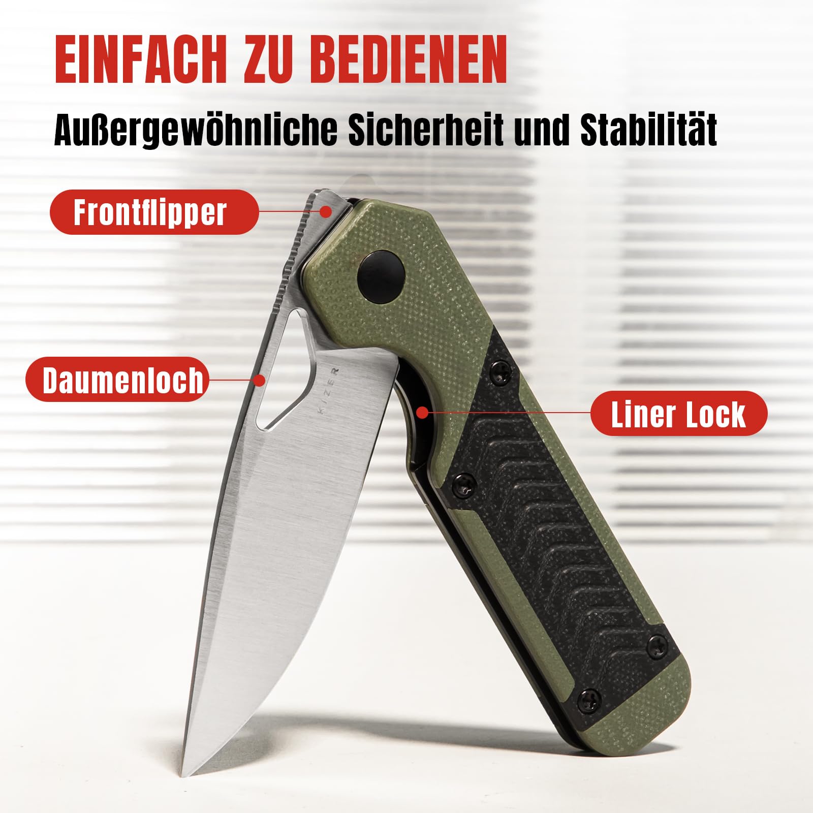 Kizer Mini Militaw V3634SA6 Navaja EDC, Nitro-V 7.16 cm, G10 Negro/Verde - Camping Caza Regalo Hombre Mujer