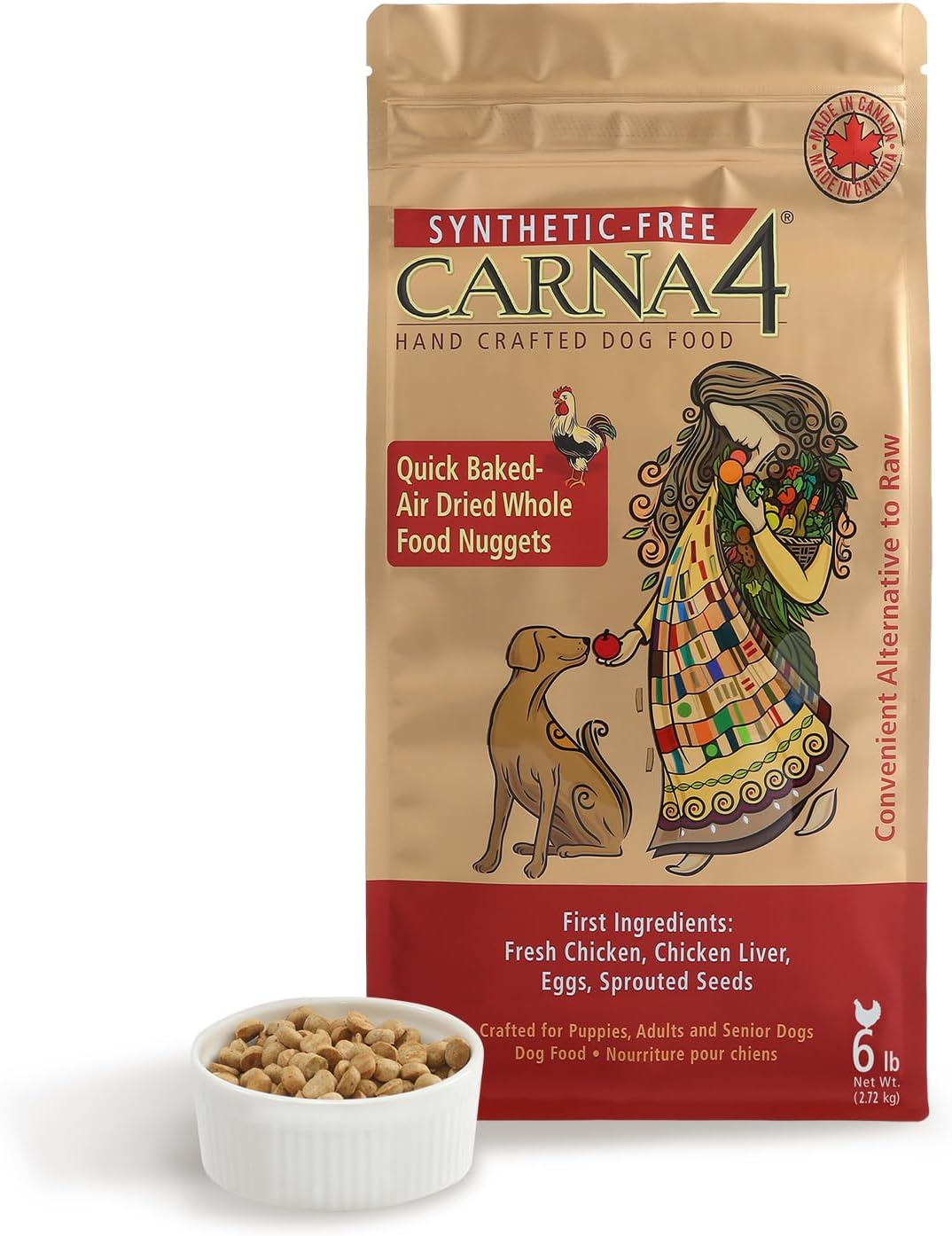 CARNA4 Air Dried Dog Food, Chicken Recipe, Quick Baked Whole Food Nutrition with Sprouted Seeds, Natural Probiotics & Enzymes, No Synthetics - 6 Pound