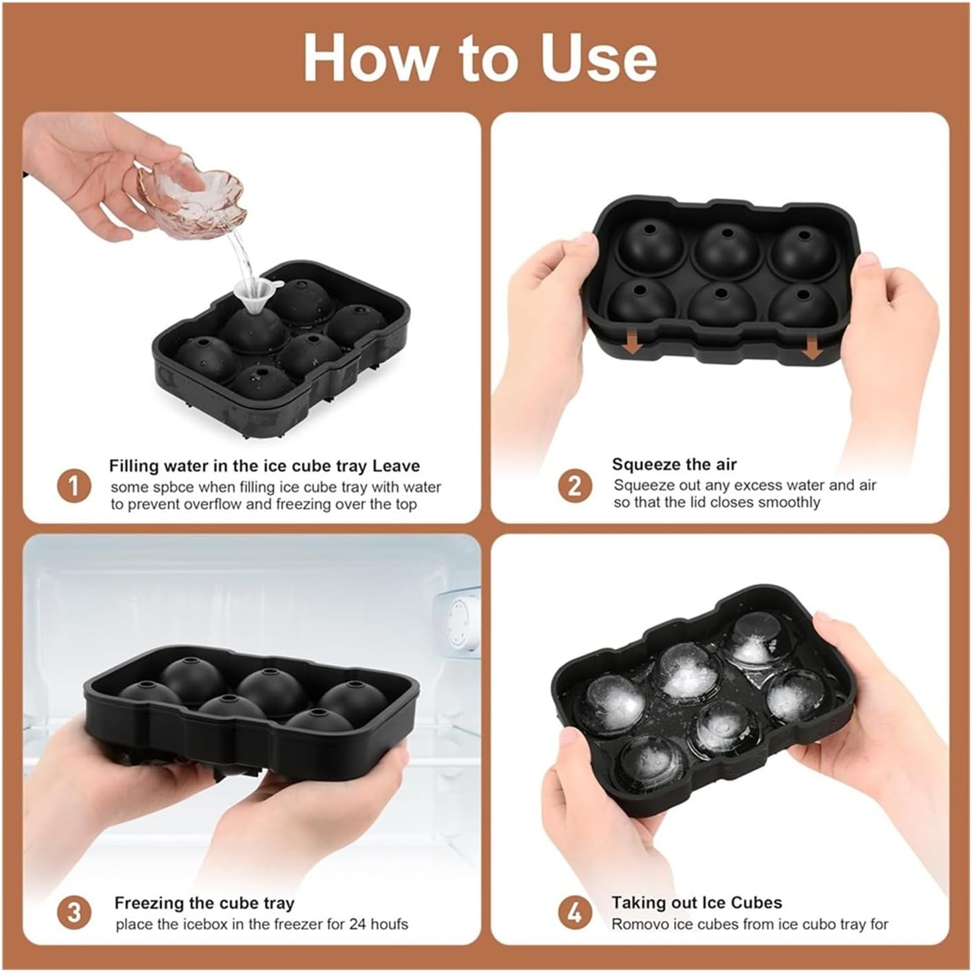 Ice Cube Trays Silicone,Ball Maker Mold, Whiskey Round Sphere - Square Large For Cocktails & Bourbon Easy Release BPA Free(Black)