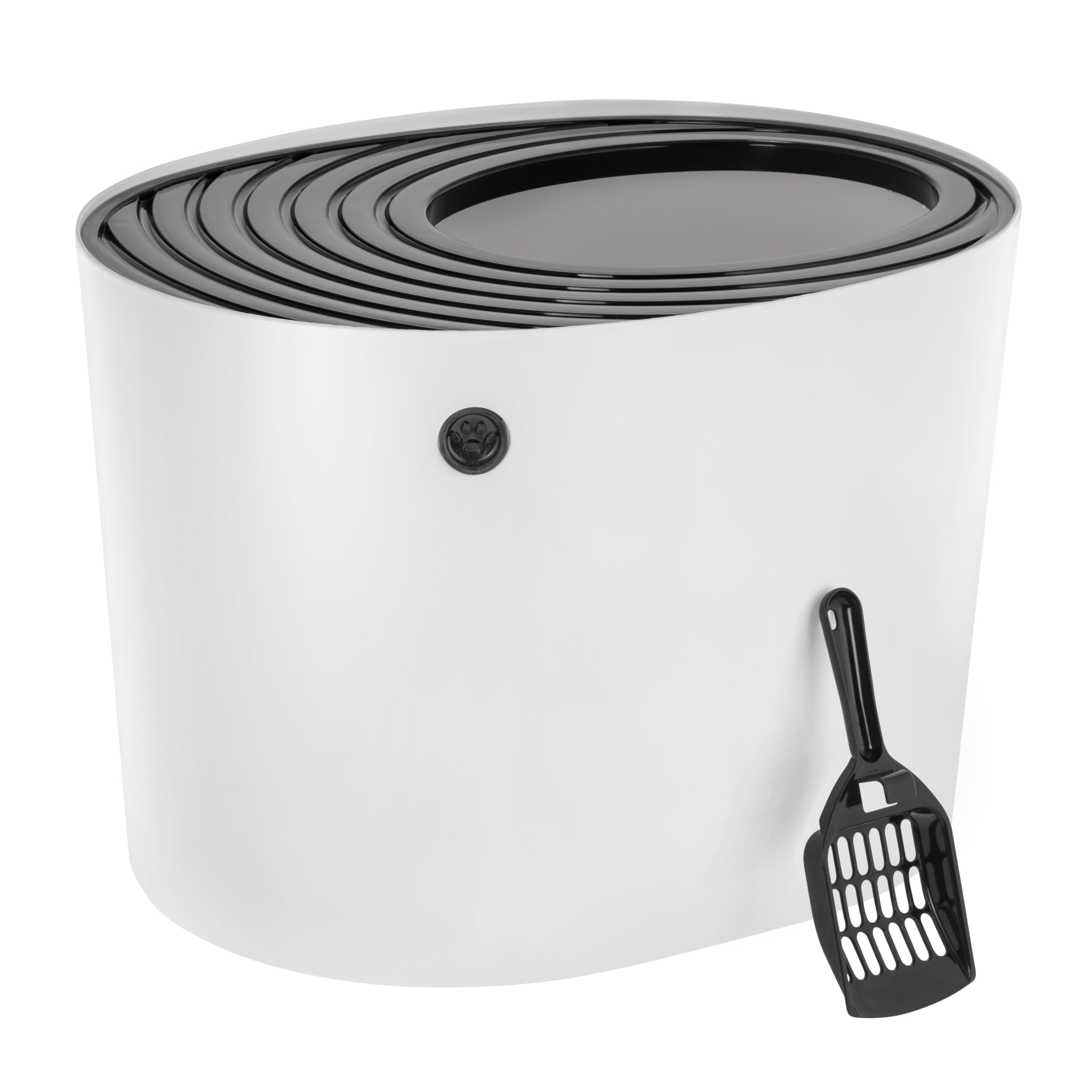 IRIS USA Large Stylish Round Top Entry Cat Litter Box with Scoop, Curved Kitty Litter Pan with Litter Particle Catching Grooved Cover and Privacy Walls, White/Black