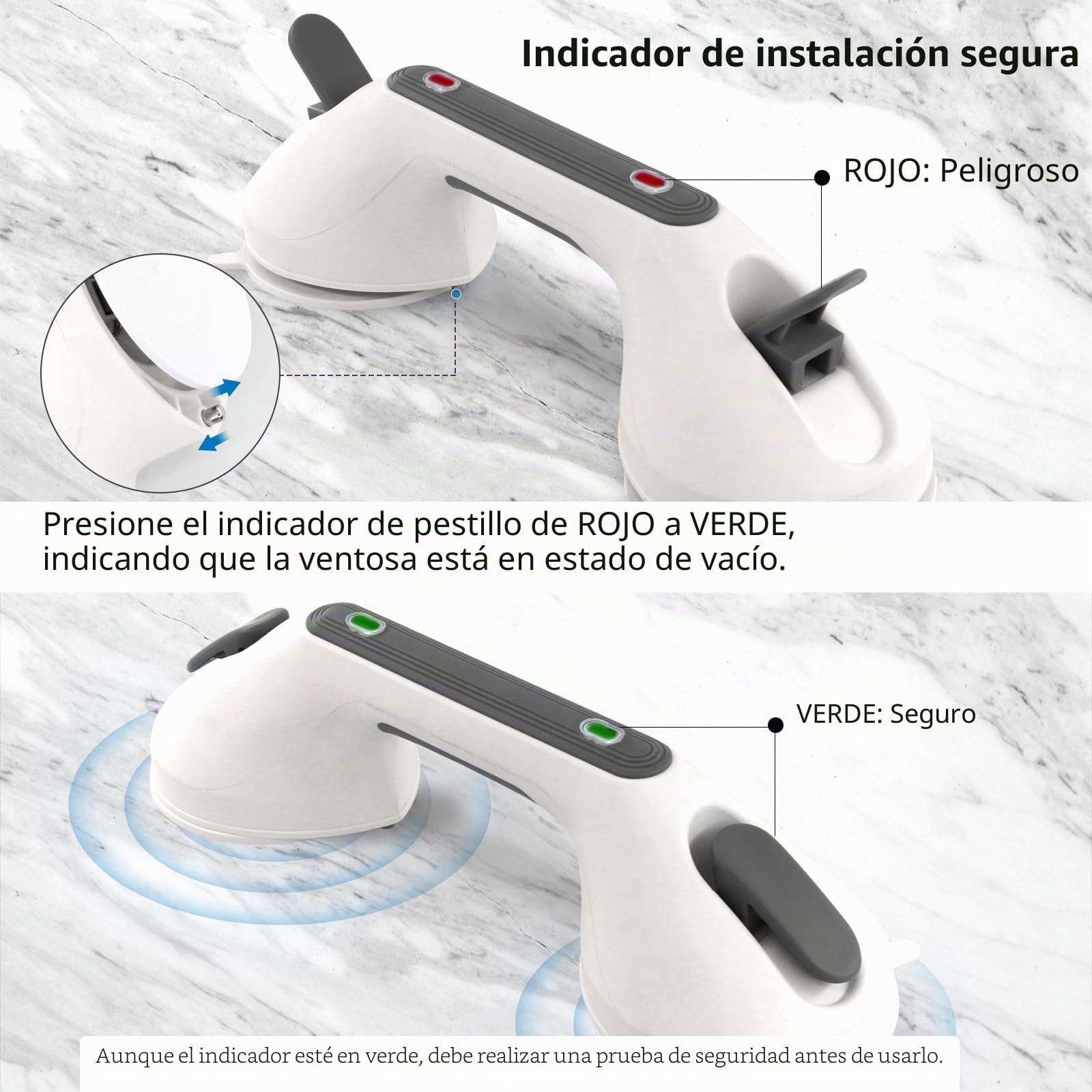 Newthinking Agarraderas de Baño para Mayores con Ventosa, 1 Pieza, Gris | Barra de seguridad antideslizante, con indicador de succión, Asa ventosa baño, resistente al agua, para superficies lisas