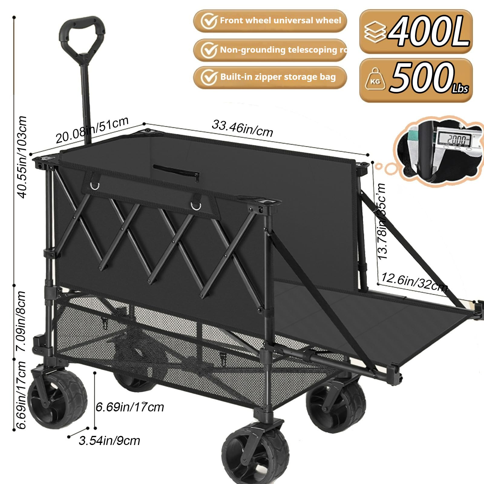 Carrello pieghevole AllTerrain da 400 l, resistente, con ruote per campeggio, shopping e avventure all'aria aperta, 137,2 cm