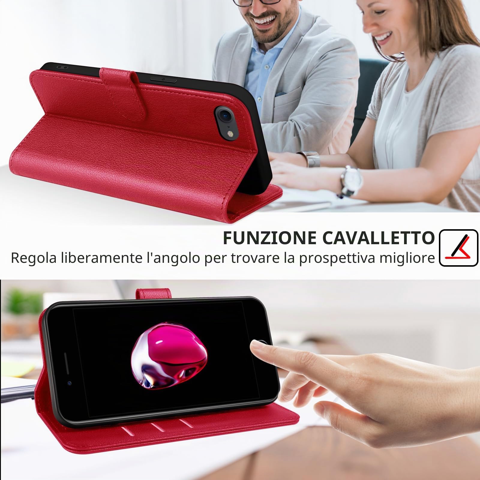 Cover per iPhone SE 2022 / iPhone SE 2020 / iPhone 8/iPhone 7/iPhone 6S/iPhone 6 Cover Custodia a Libro Portafoglio in Pelle con Porta Carte Magnetica Cover Telefono Flip Case Custodia,Rosso