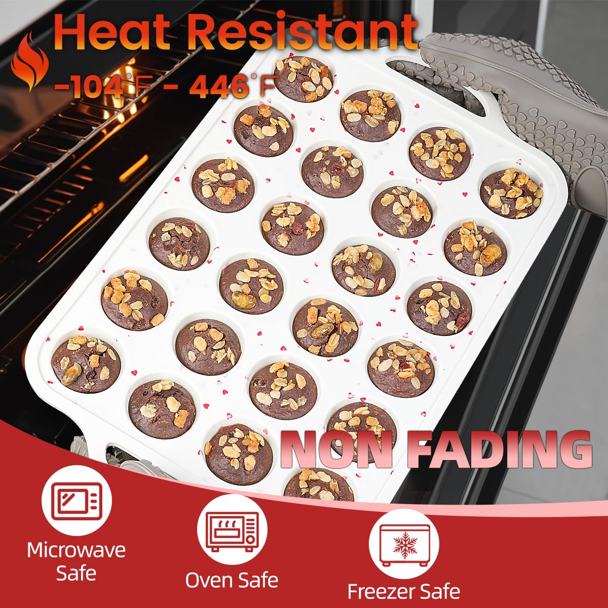 CAKETIME Mini-Muffinform, Metallverstärkter Rahmen, Mini-Cupcake-Formen, 24 Förmchen, antihaftbeschichtet, Muffin-Silikonformen mit Griff, zum Backen von Muffins, Cupcakes, Eierbissen, 2 Stück
