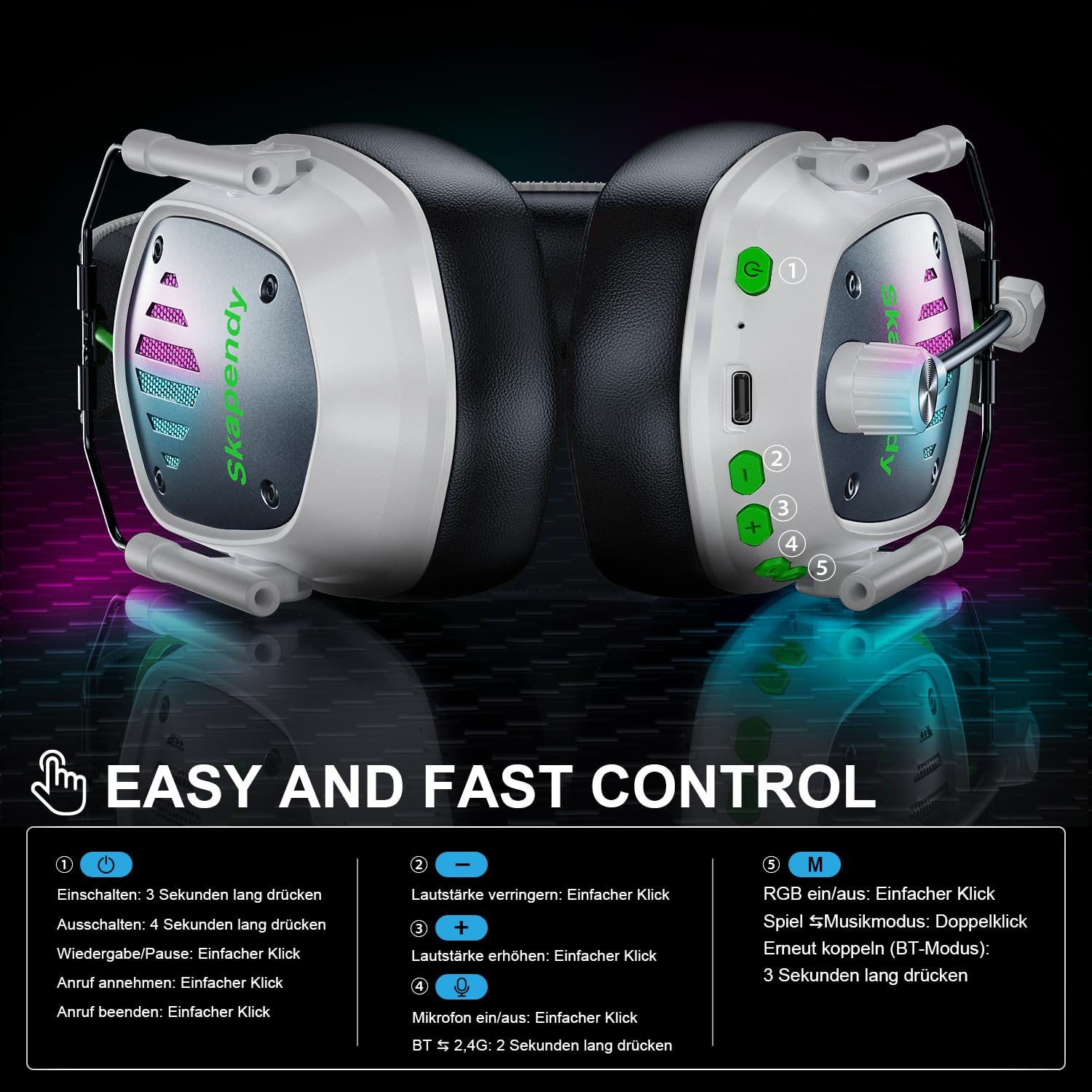 VK81 Cuffie Gaming Wireless con Microfono, 2.4 GHz Cuffie Gaming con Audio lossless, Cuffie da gioco pieghevoli con RGB per Ps5, Ps4, PC, Switch, Mac, Bluetooth 5.4, 50+ Ore