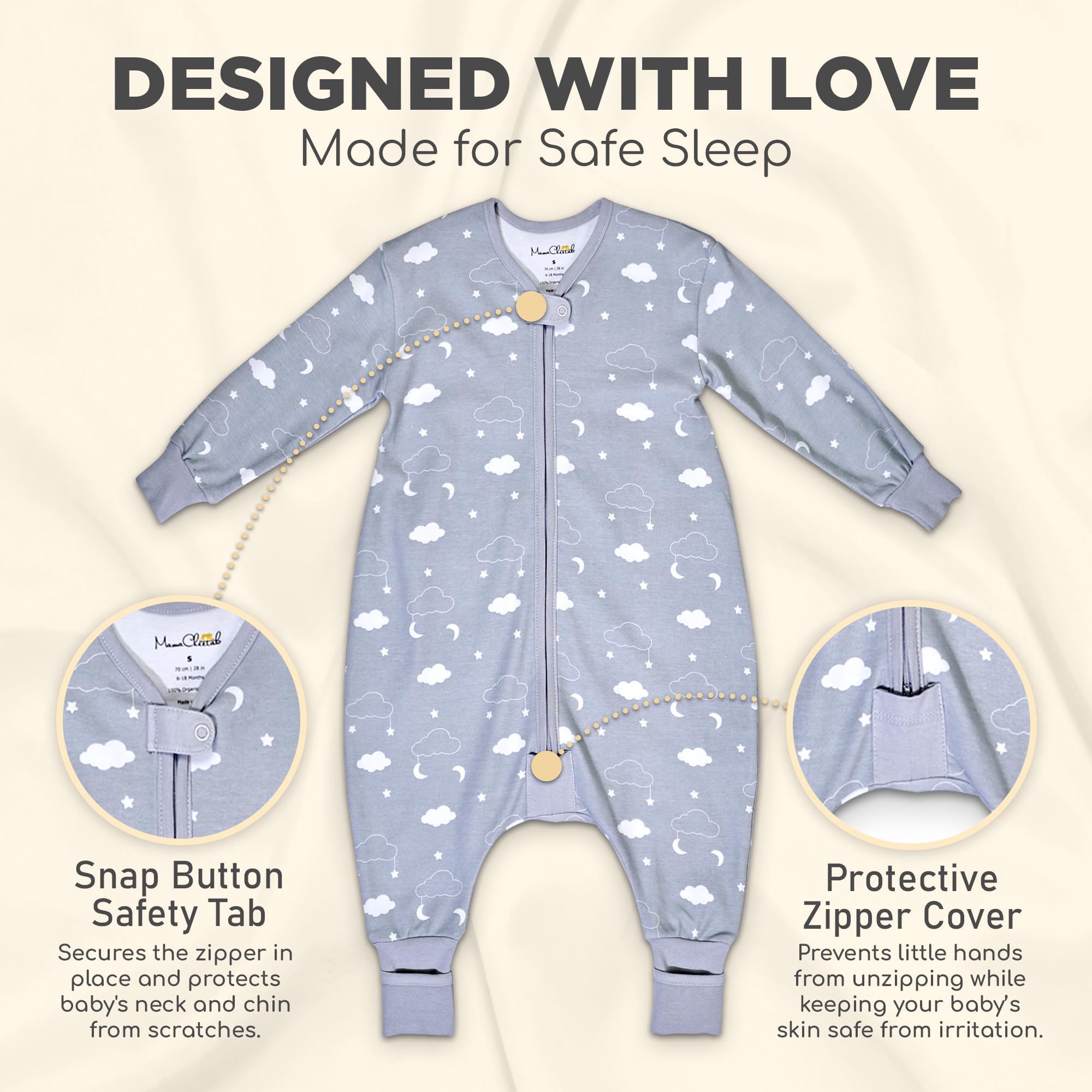 Mama Cheetah Sacco nanna per bambini con piedi, maniche lunghe, 1,0 Tog, 100% cotone biologico, sacco nanna con gambe, coperta indossabile per escursionisti, con cerniera a 2 vie, coperta per bambini