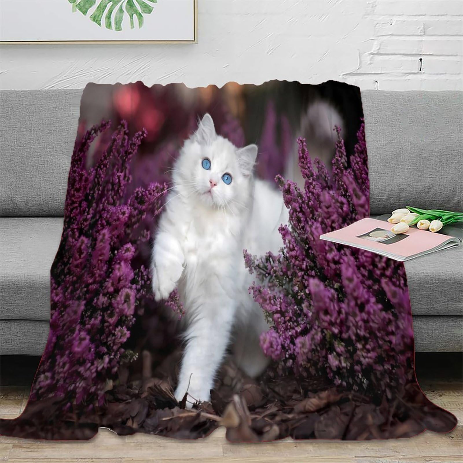 Couverture chaton blanc 3D microfibre 150x200cm pour un canapé chaleureux