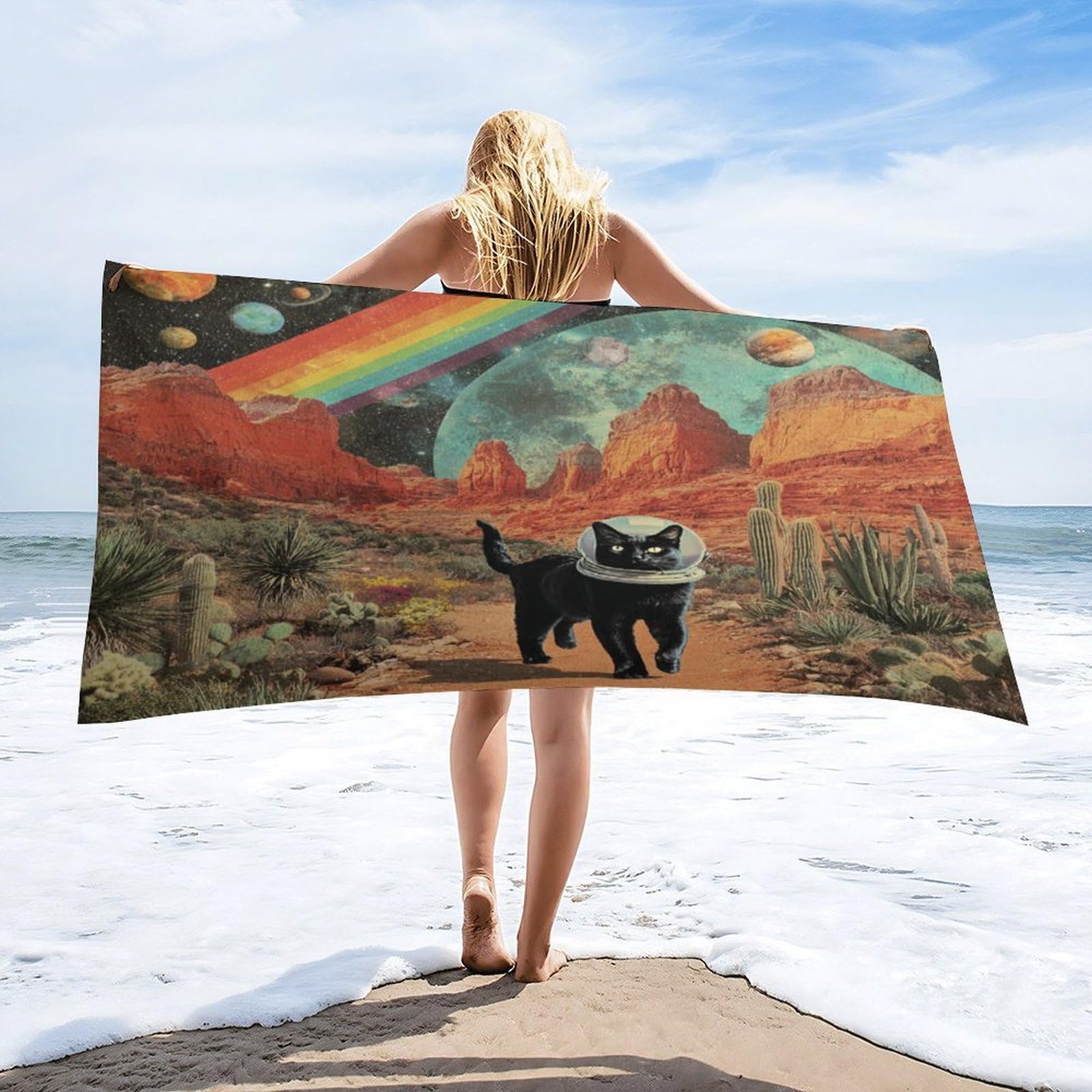 Luyysky Classic Fantasy Black Cat Quick-Drying Beach Towel, Modern Alien Theme Outer Space Galaxy Planet Animal Cat Plant Cactus Travel Vacation Single Sided Pile Bathroom Towels-80 W Cm X 160" L Cm