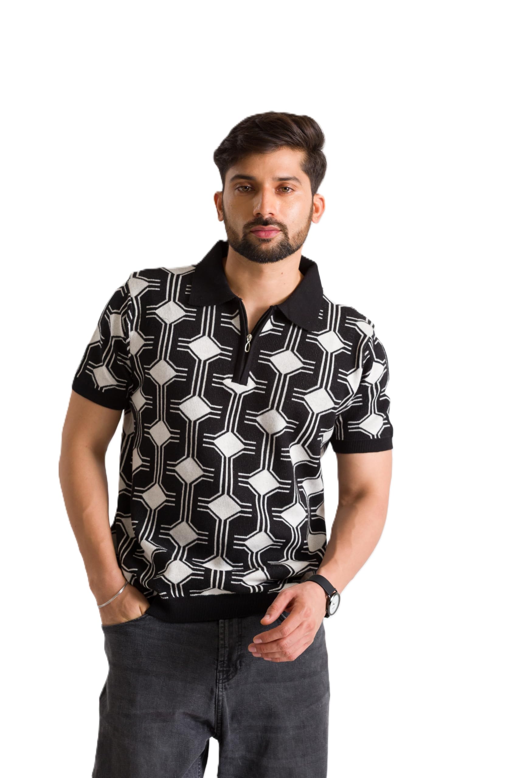 Knitted Black Jacquard Polo T-Shirt for Men | Textured Pattern Collared Half Sleeve Polo Tee | Soft Cotton Blend Regular Fit Casual Wear-image-8