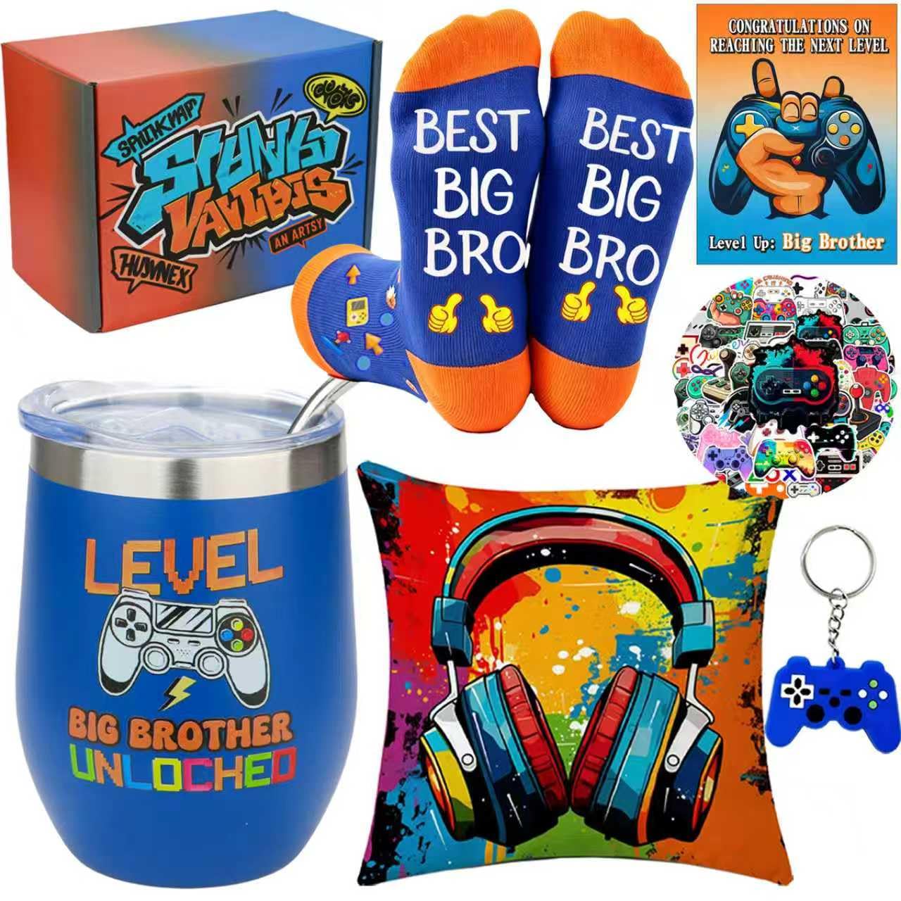 Dreamgirnh Big Brother Gamer Gift Set-6 PCS New Brother Gifts for Boys, 12 oz Big Bro Unlocked Tumbler, Birthday Christmas Gaming Gifts for Sibling and Teens Boy