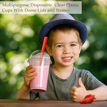 Lallisa 100 Sets Clear Plastic Cups with Dome Lids & Colorful Straws, 12 oz | Disposable Slushie Smoothie Cups for Party Beverage Iced Coffee Cold Drinks Juice Milkshake Fruit Tea Dessert