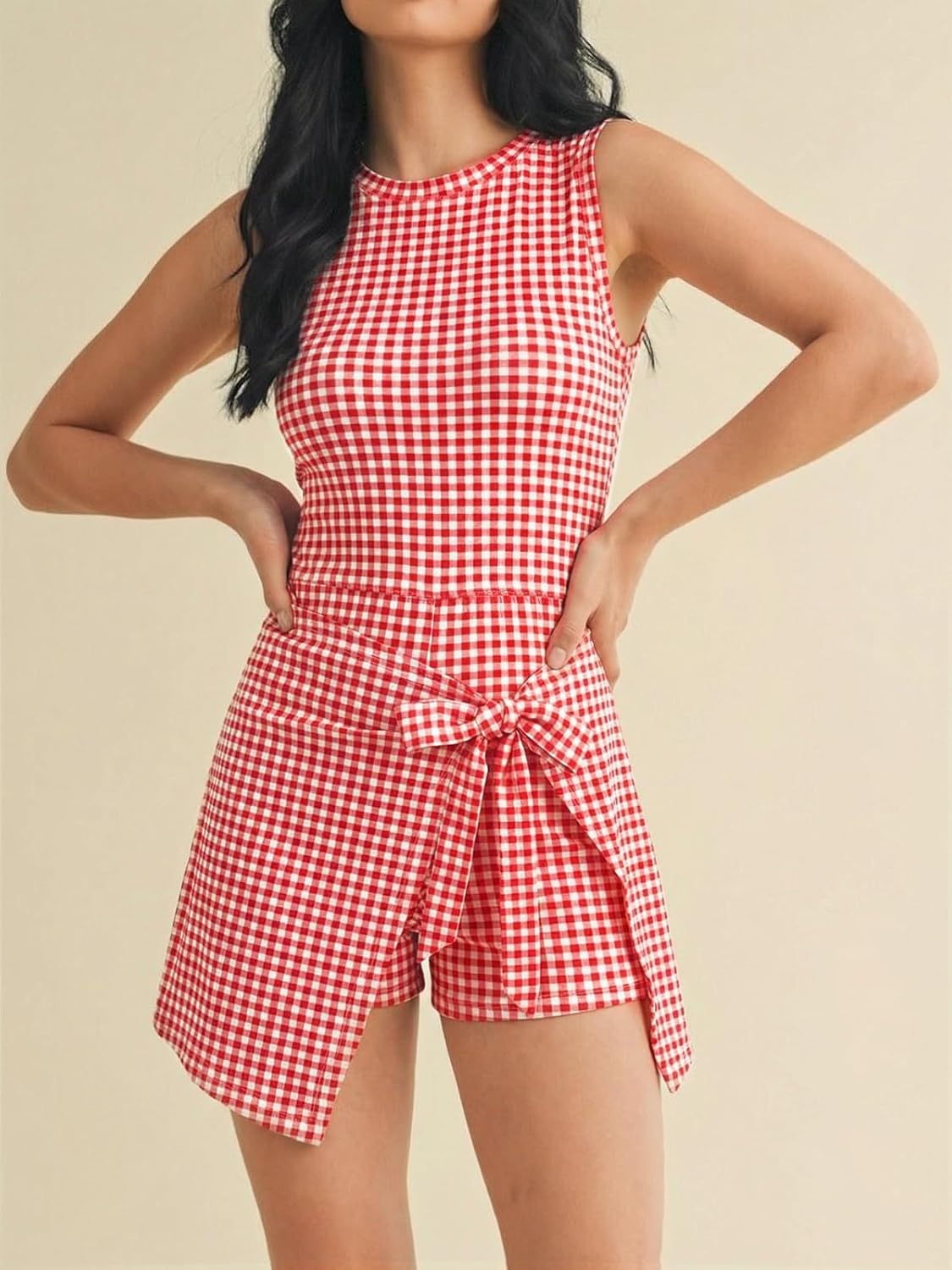 Wenrine Womens Summer Backless Mini Dress Gingham Wrap Tie Waist Romper Skort Built in Shorts Vacation Tank Sundress