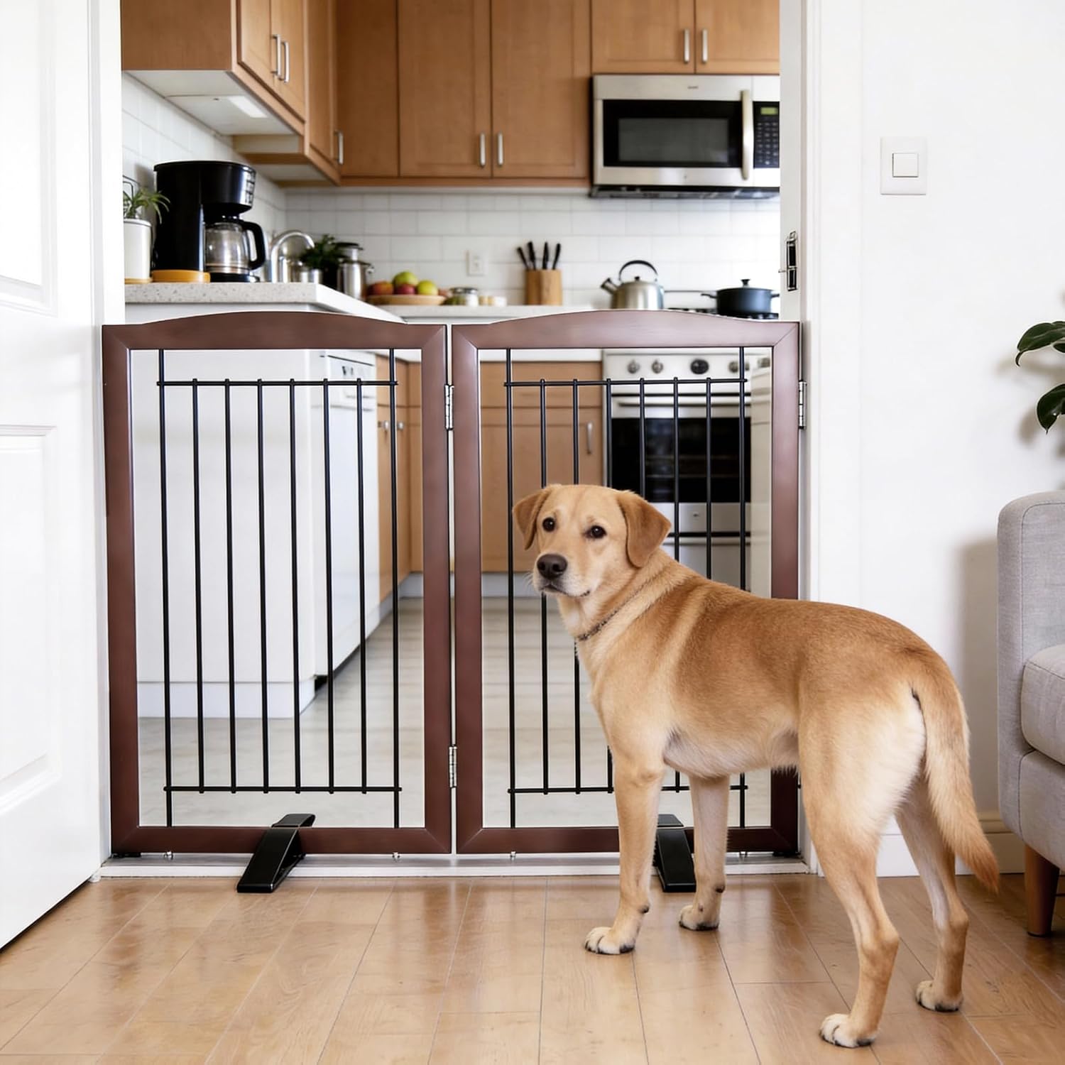 zjsf freestanding dog fence indoor, foldable dog gate for doorways, stairs or hallways, sturdy wood extra wide pet gate with support feet for the house, brown, 32 "height-2 panels ?2 panels?40''w x 32''h brown